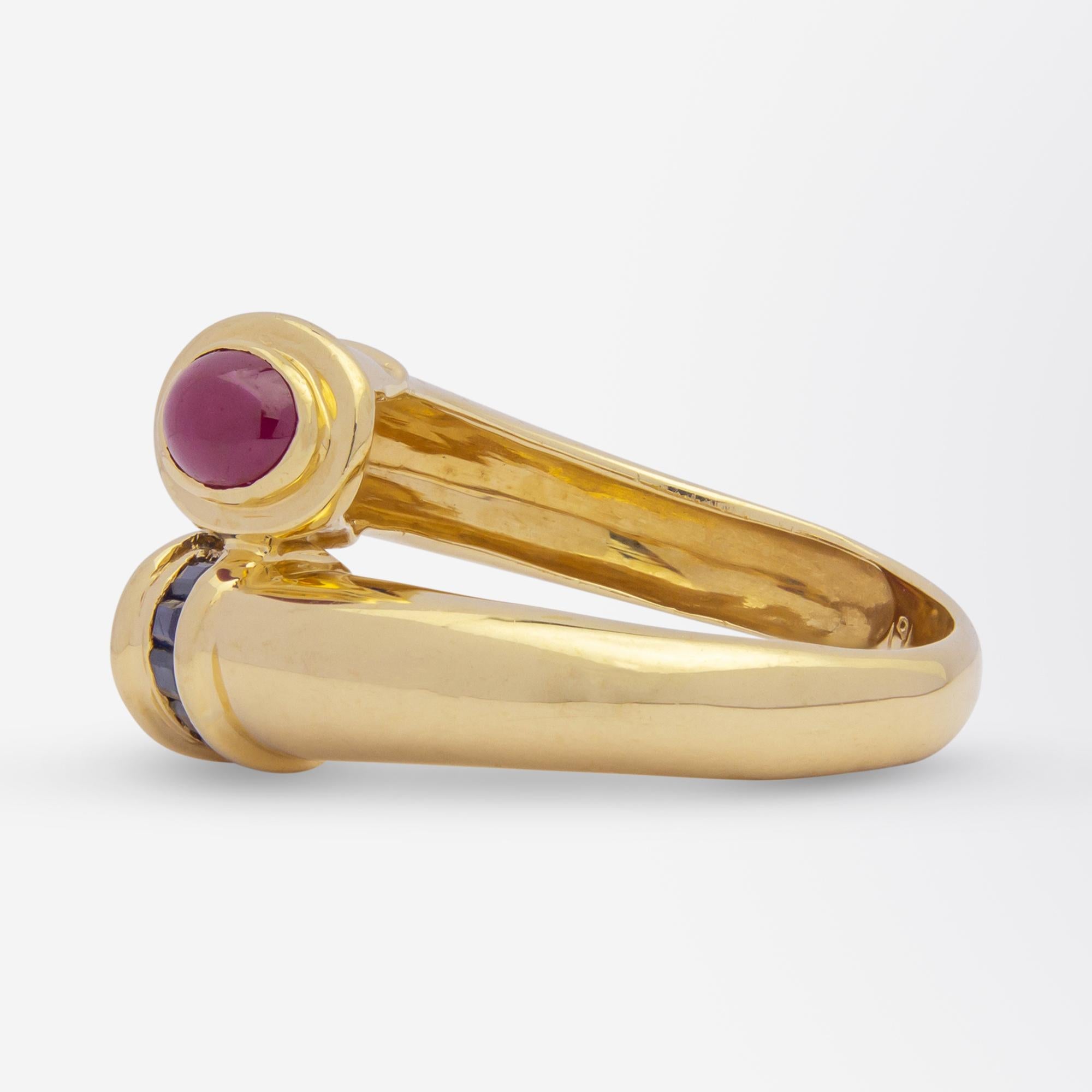 Cabochon 14 Karat Yellow Gold, Ruby, and Sapphire 'Bypass' Ring For Sale