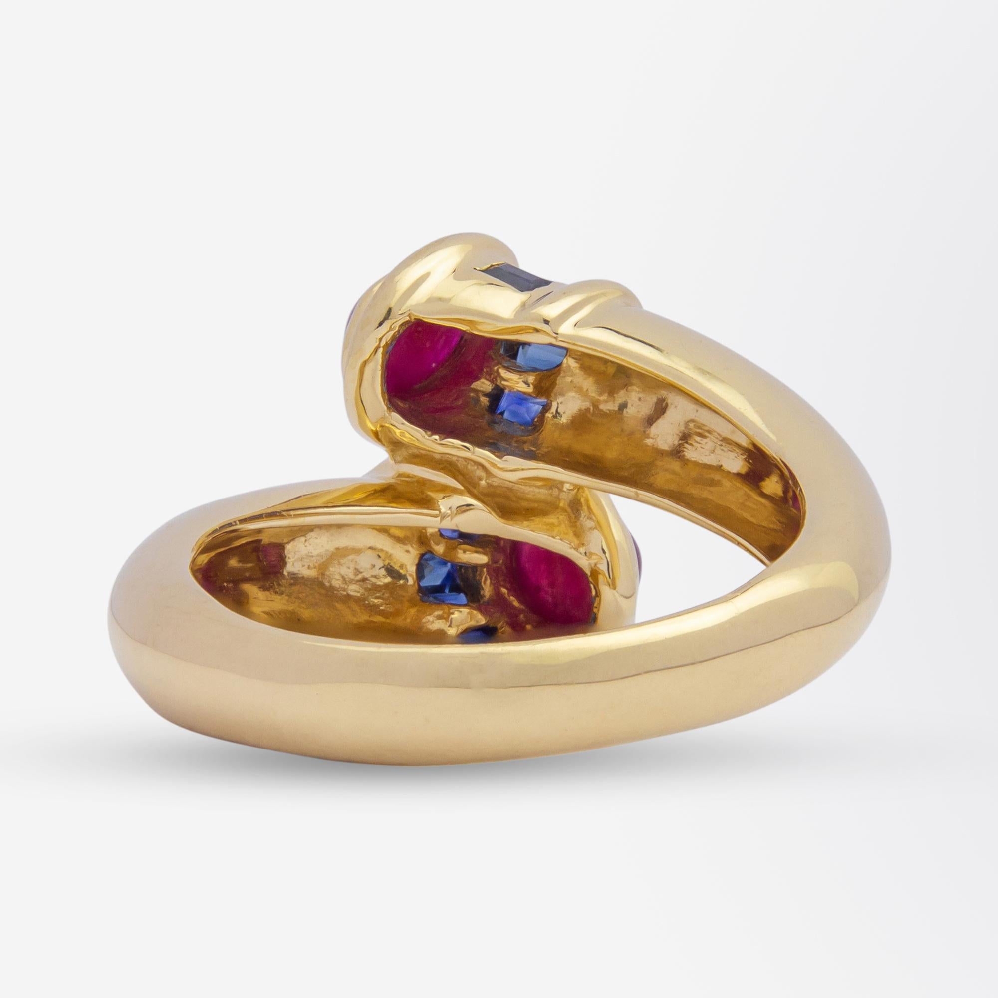 14 Karat Yellow Gold, Ruby, and Sapphire 'Bypass' Ring In Good Condition For Sale In Brisbane, QLD