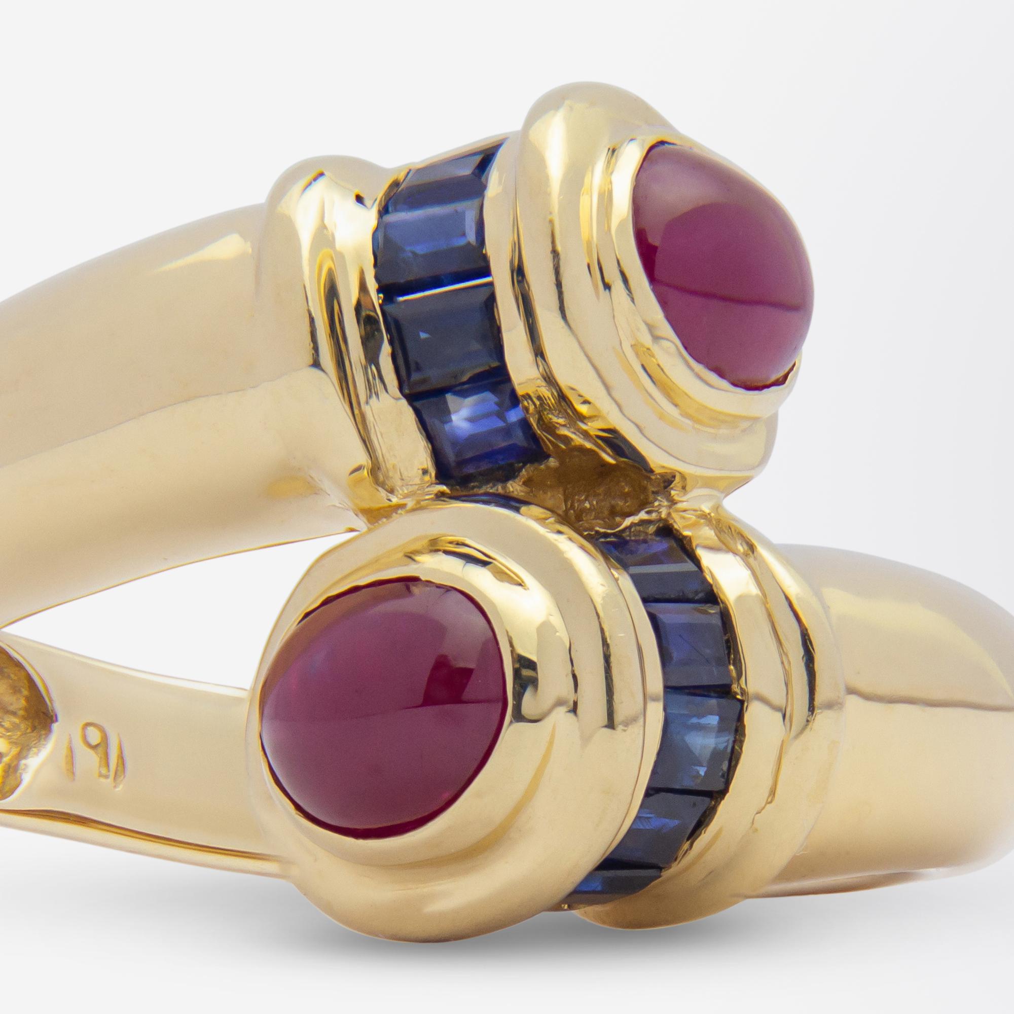 Women's or Men's 14 Karat Yellow Gold, Ruby, and Sapphire 'Bypass' Ring For Sale