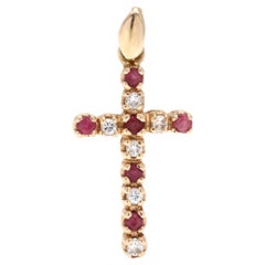 14 Karat Yellow Gold Ruby & Diamond Cross Pendant