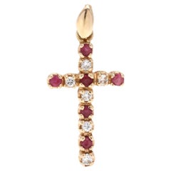 14 Karat Yellow Gold Ruby 
Diamond Cross Pendant