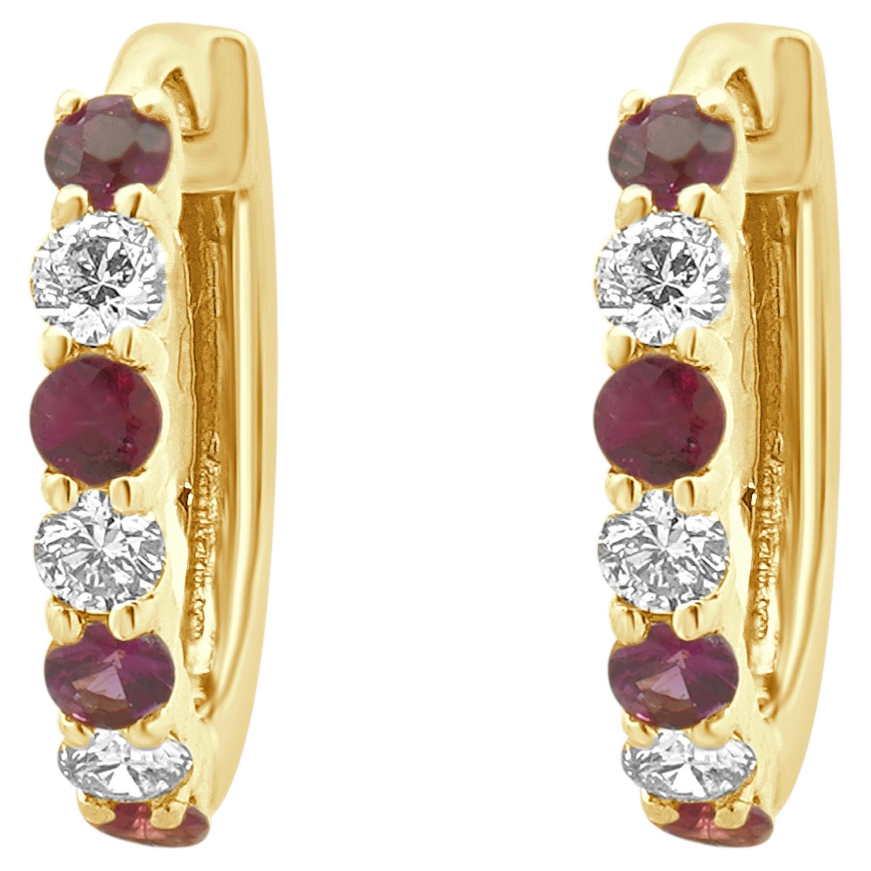 14 Karat Yellow Gold Ruby & Diamond Earrings For Sale