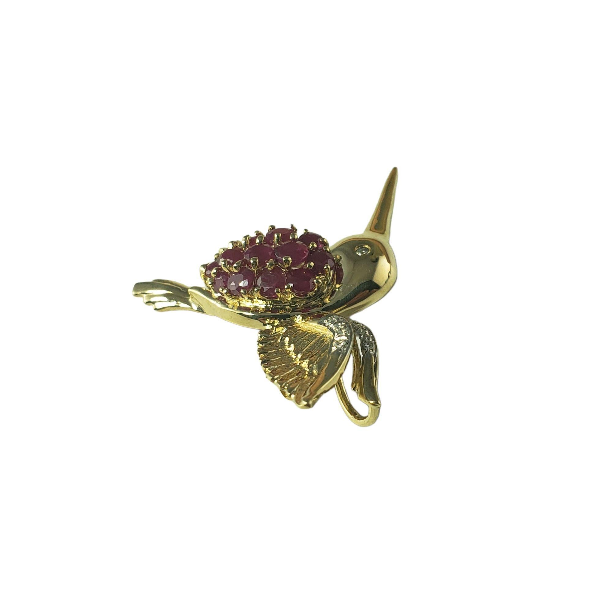 Round Cut 14 Karat Yellow Gold Ruby Diamond Hummingbird Brooch Pendant #14605 For Sale