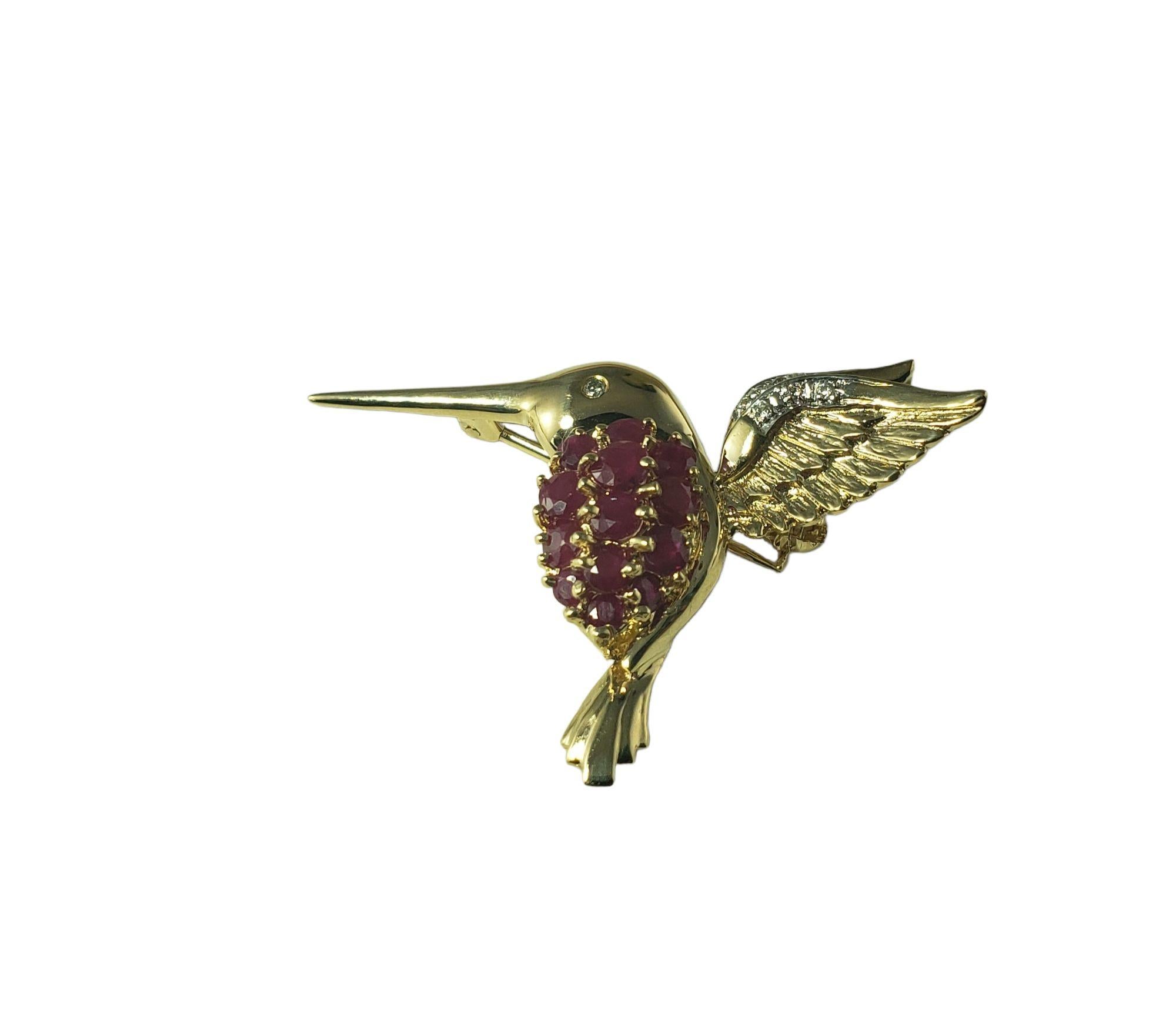 14 Karat Yellow Gold Ruby Diamond Hummingbird Brooch Pendant #14605 In Good Condition For Sale In Washington Depot, CT