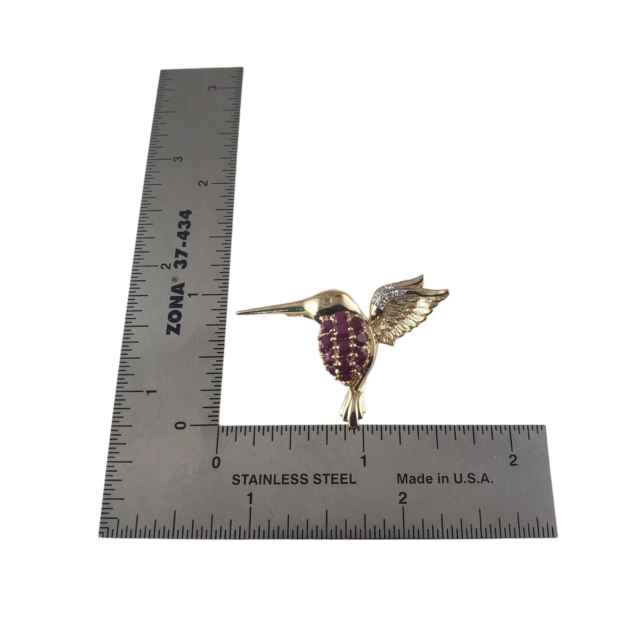 14 Karat Yellow Gold Ruby Diamond Hummingbird Brooch Pendant #14605 For Sale 2