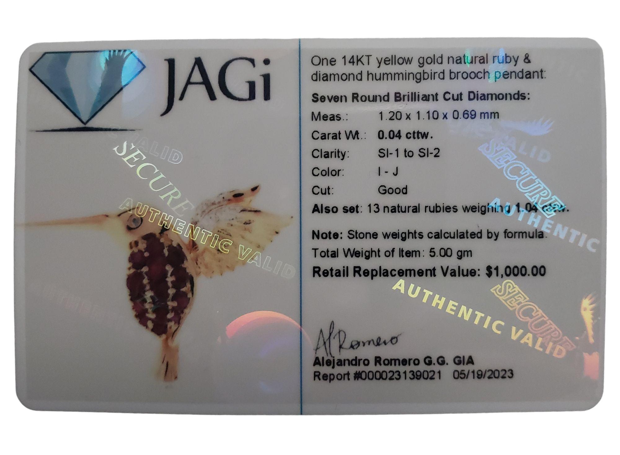 14 Karat Yellow Gold Ruby Diamond Hummingbird Brooch Pendant #14605 For Sale 3
