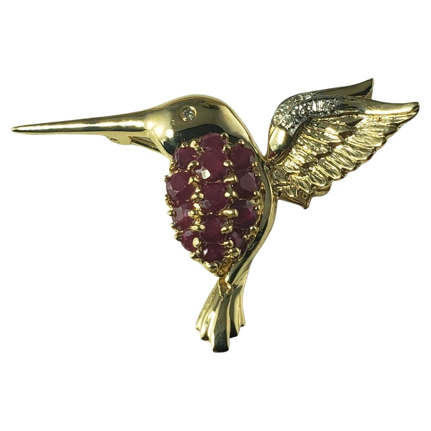 14 Karat Yellow Gold Ruby Diamond Hummingbird Brooch Pendant #14605 For Sale
