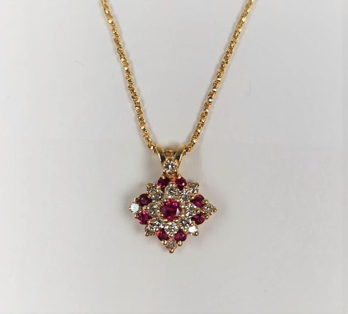 Women's or Men's 14 Karat Yellow Gold Ruby Diamond Pendant and Chain For Sale