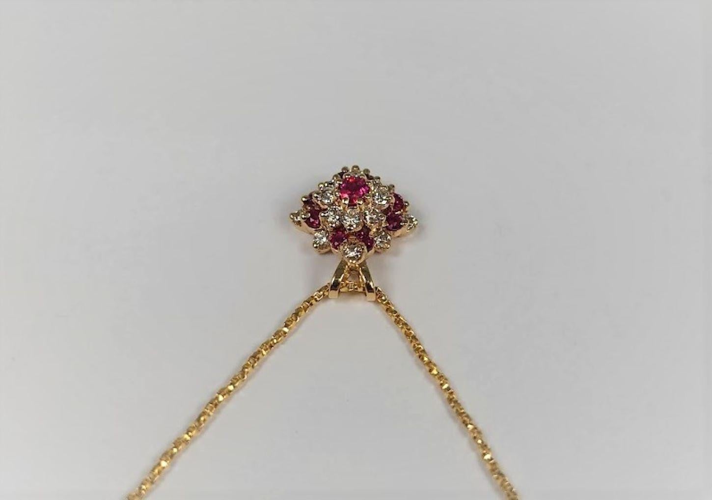 14 Karat Yellow Gold Ruby Diamond Pendant and Chain For Sale 1
