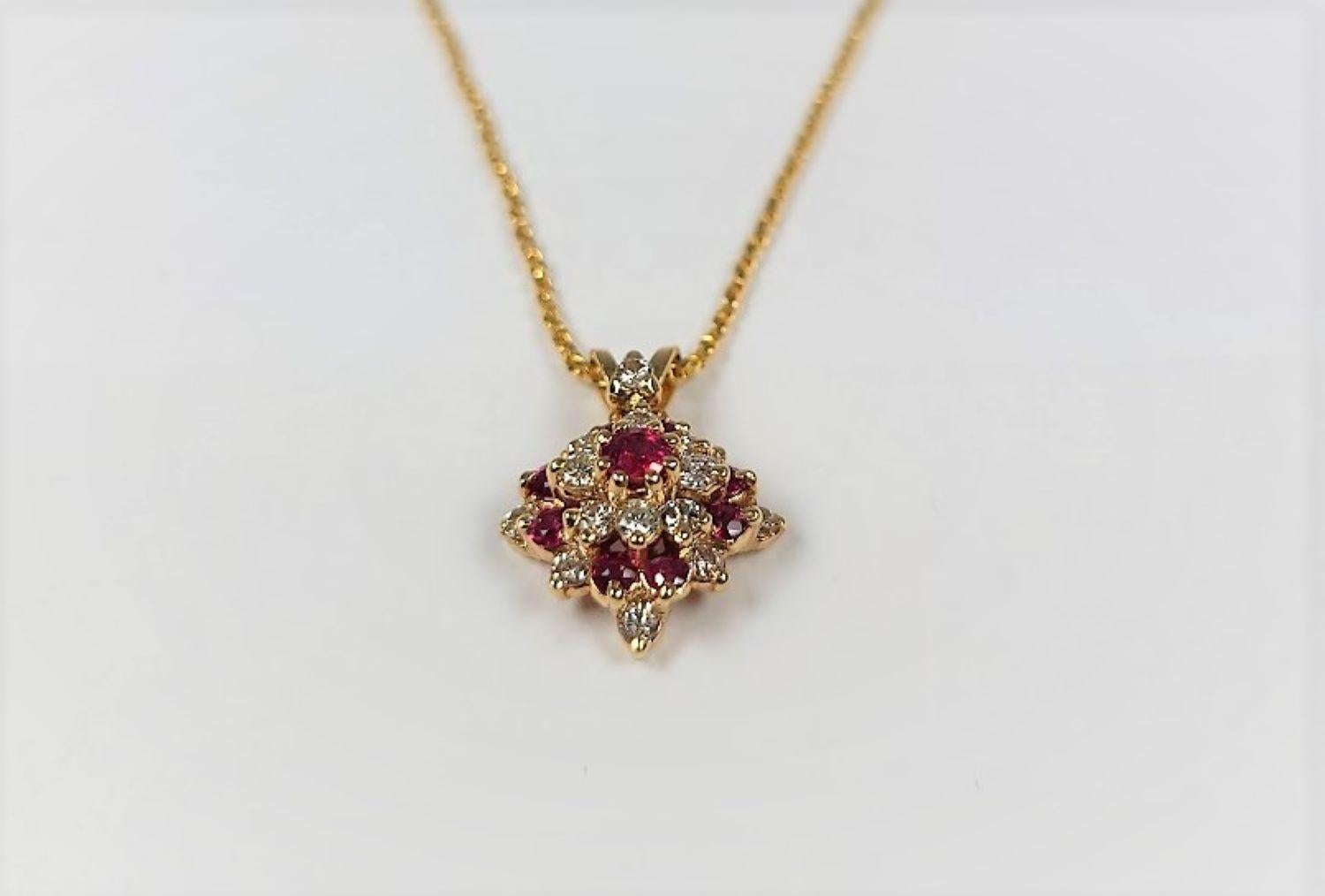 14 Karat Yellow Gold Ruby Diamond Pendant and Chain For Sale 2
