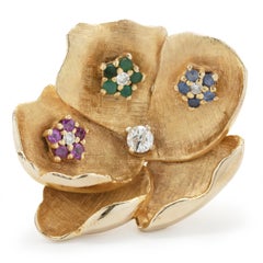 14 Karat Yellow Gold Ruby, Emerald, Sapphire and Diamond Flower Ring