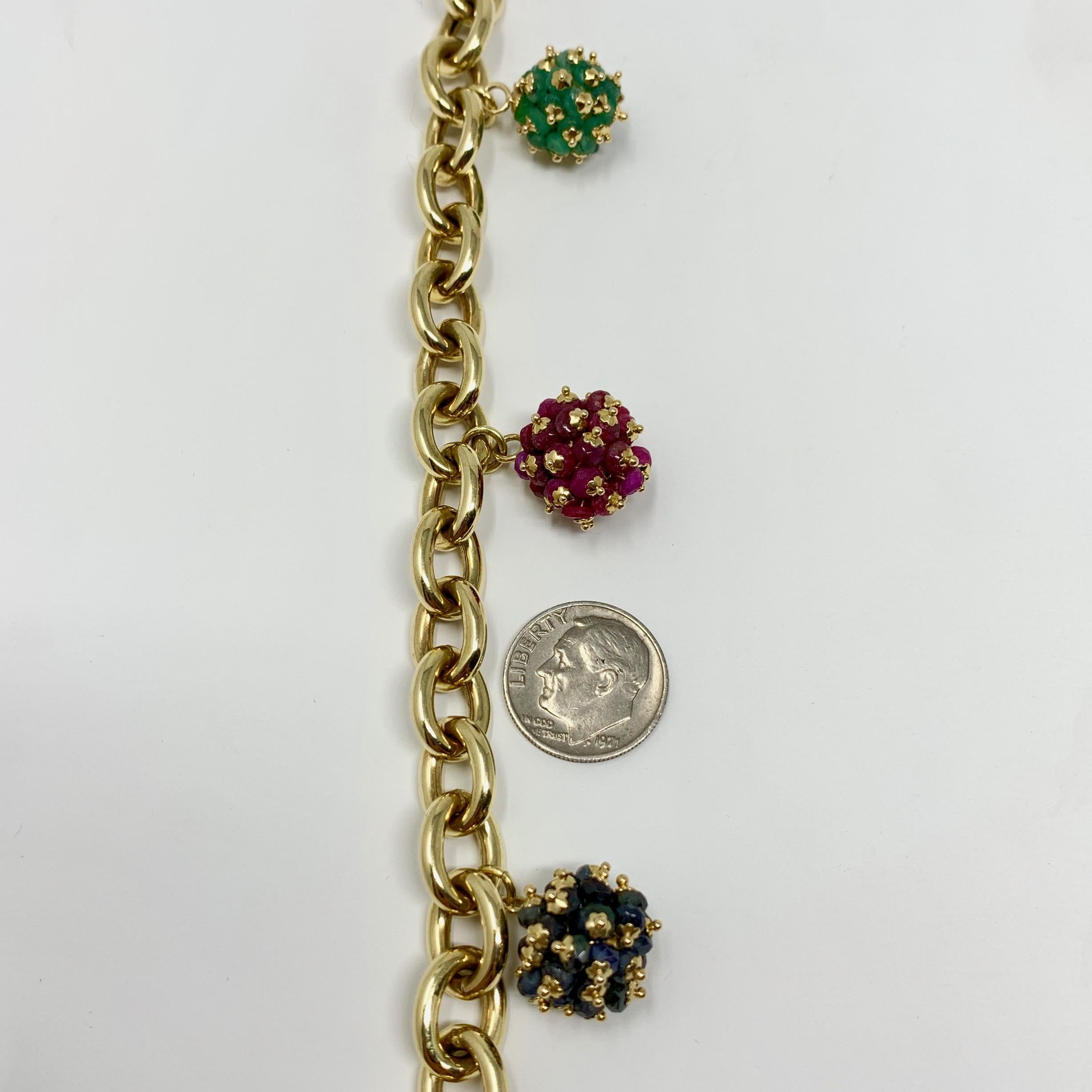 14 Karat Yellow Gold Ruby Emerald Sapphire Cluster Bracelet In Good Condition In Guilford, CT