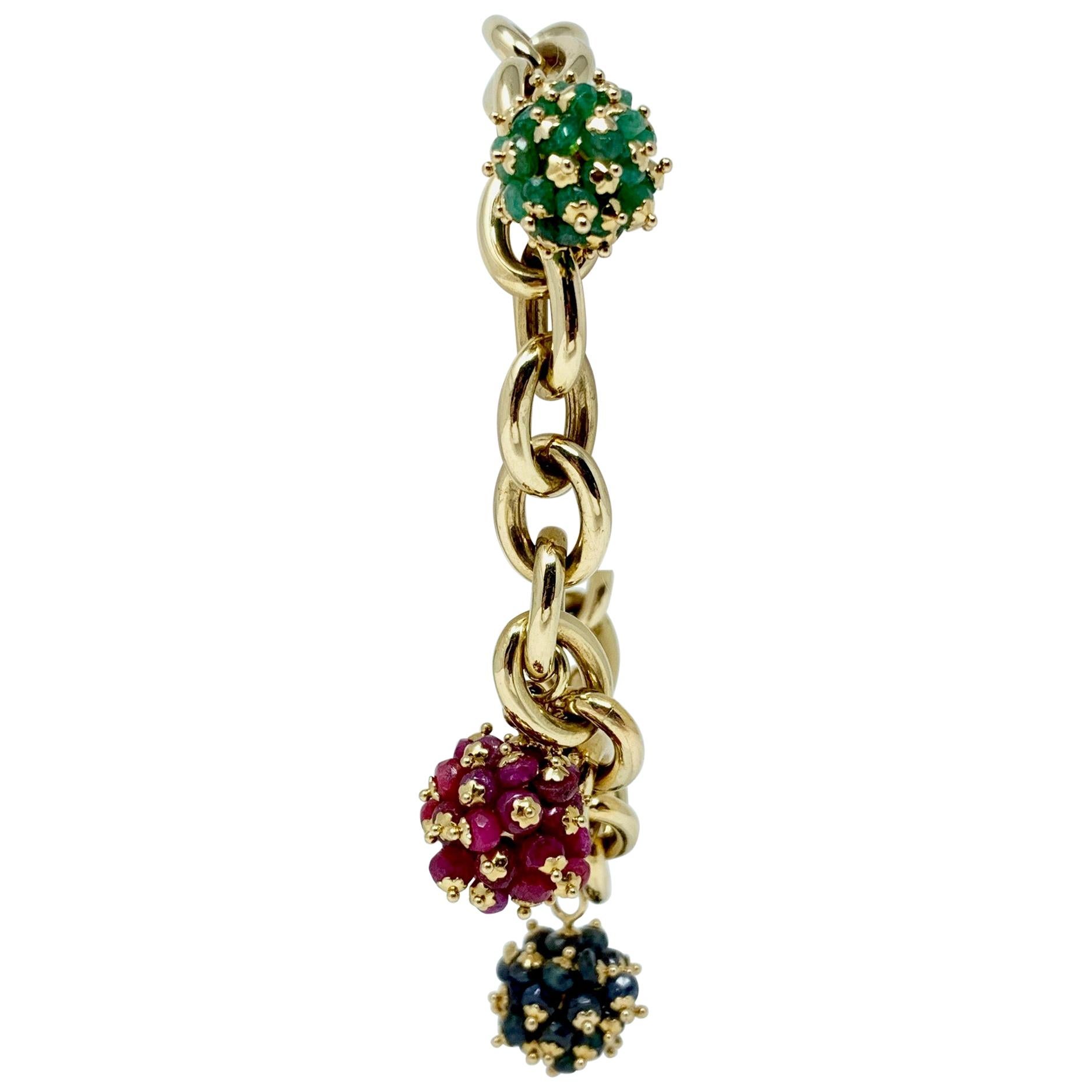 14 Karat Yellow Gold Ruby Emerald Sapphire Cluster Bracelet