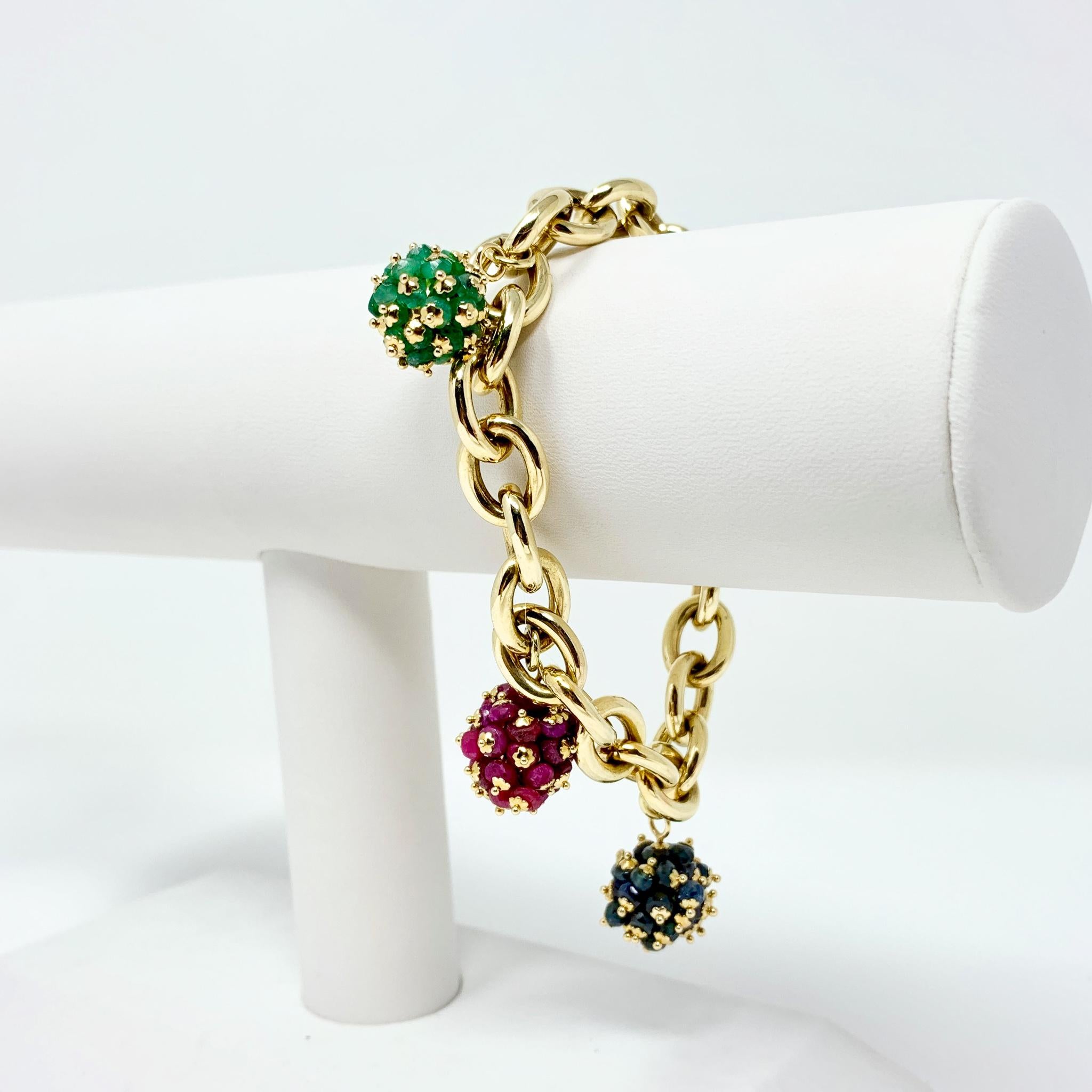 14k Yellow Gold Ruby Emerald Sapphire Cluster Cable Link Bracelet Italy 7.5