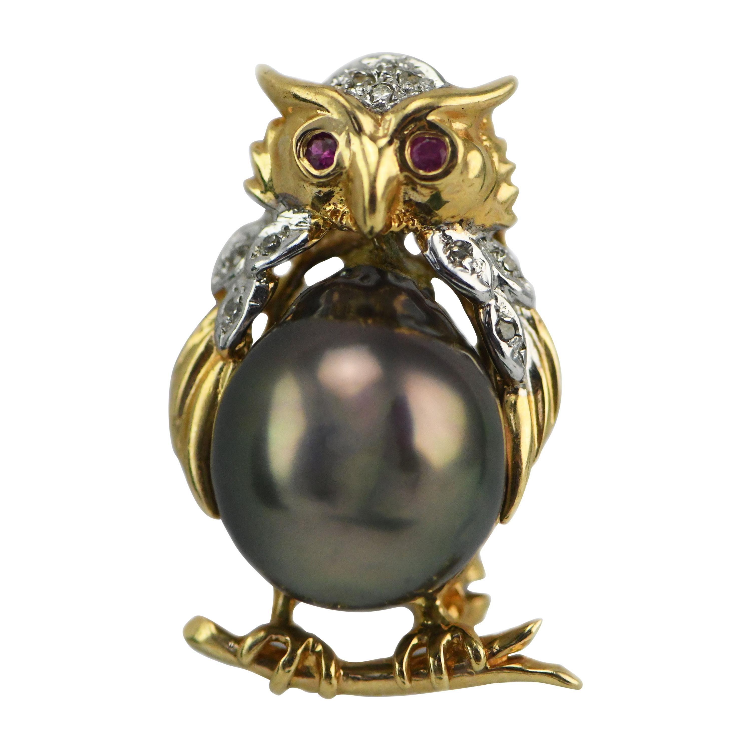 14 Karat Yellow Gold Ruby Eyed Owl Pin with Tahitian South Sea Pearl & Diamonds For Sale