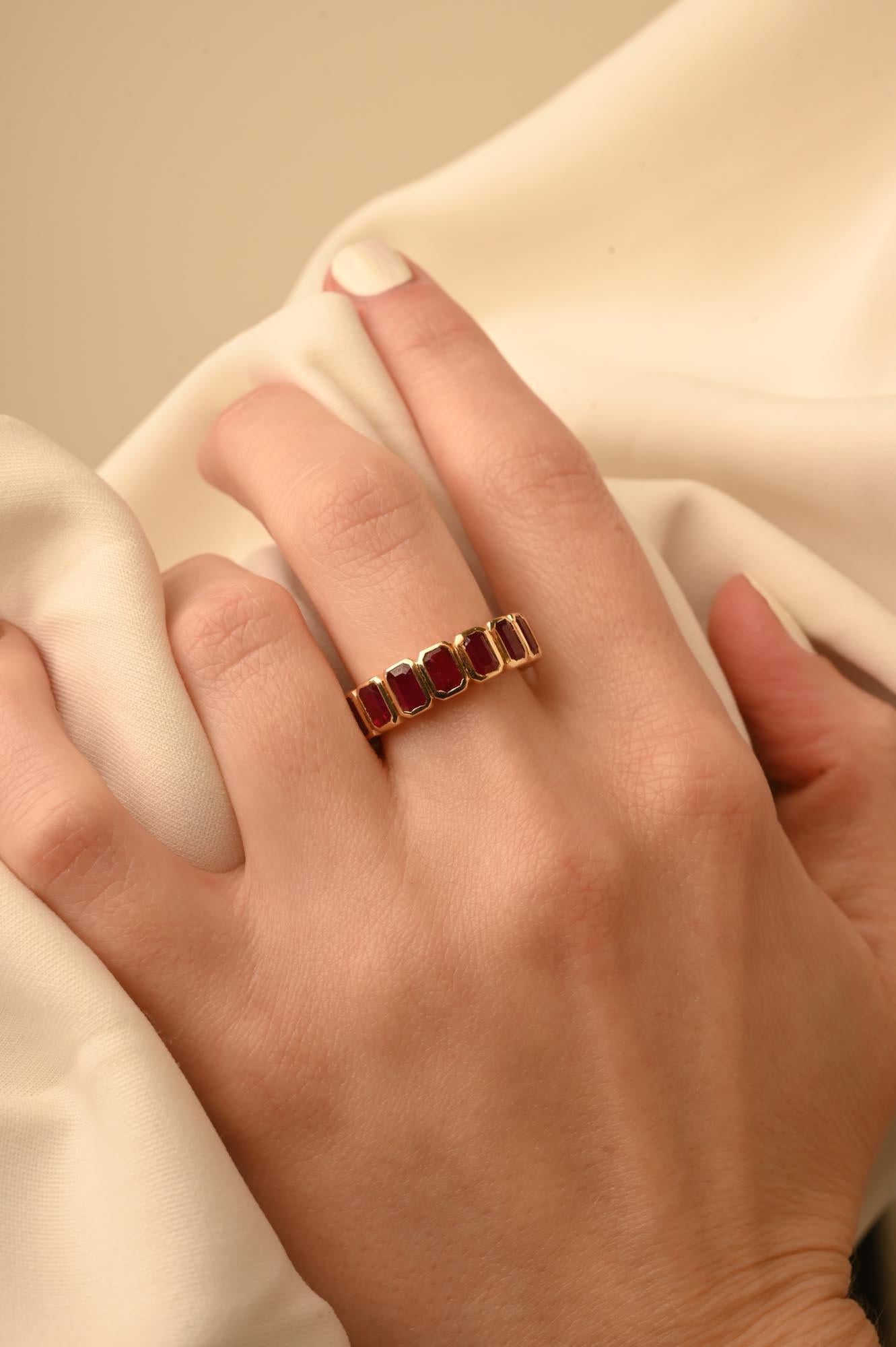 For Sale:  14 Karat Yellow Gold Ruby Half Eternity Band Stacking Ruby Ring 11