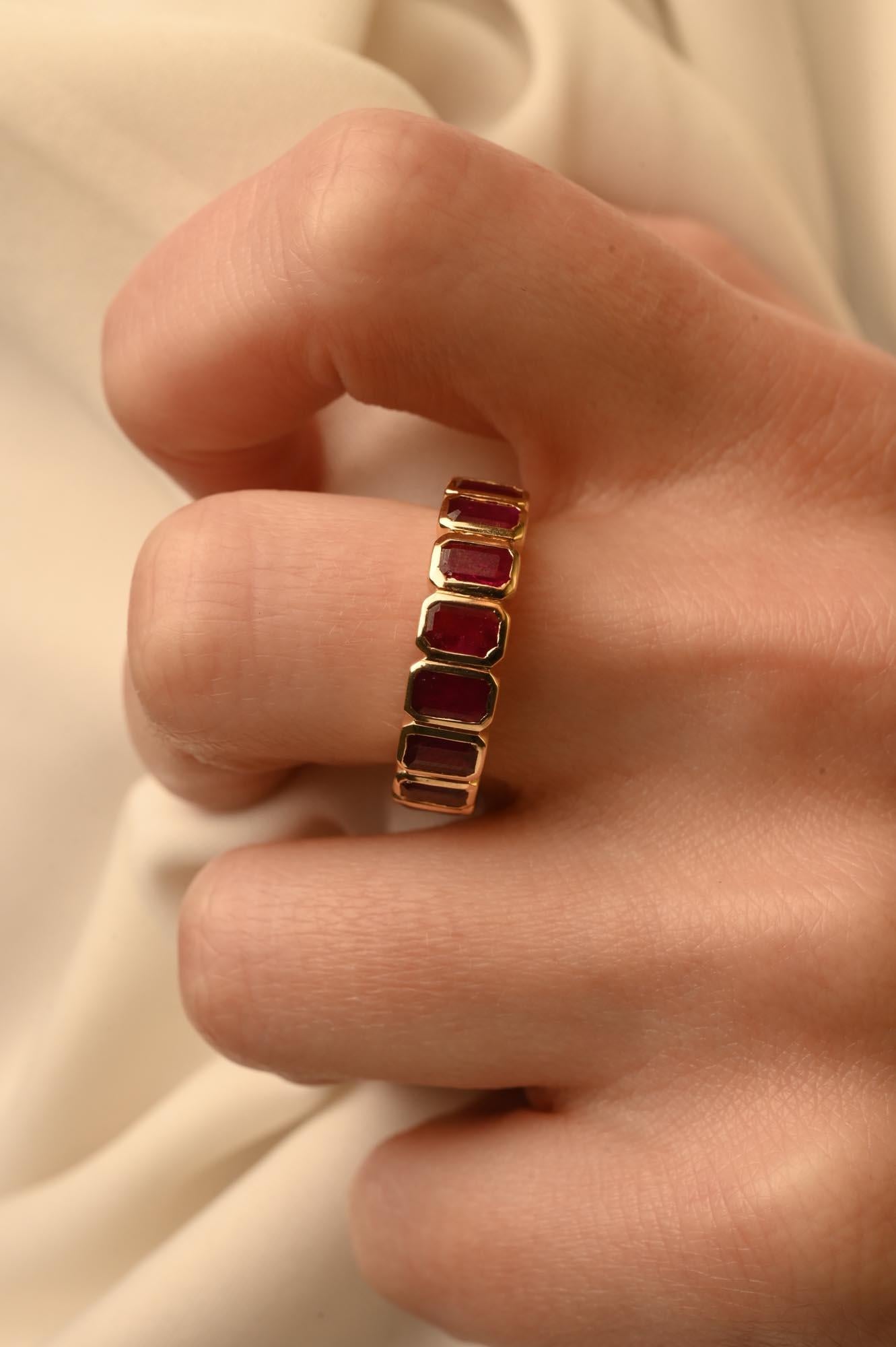 For Sale:  14 Karat Yellow Gold Ruby Half Eternity Band Stacking Ruby Ring 13