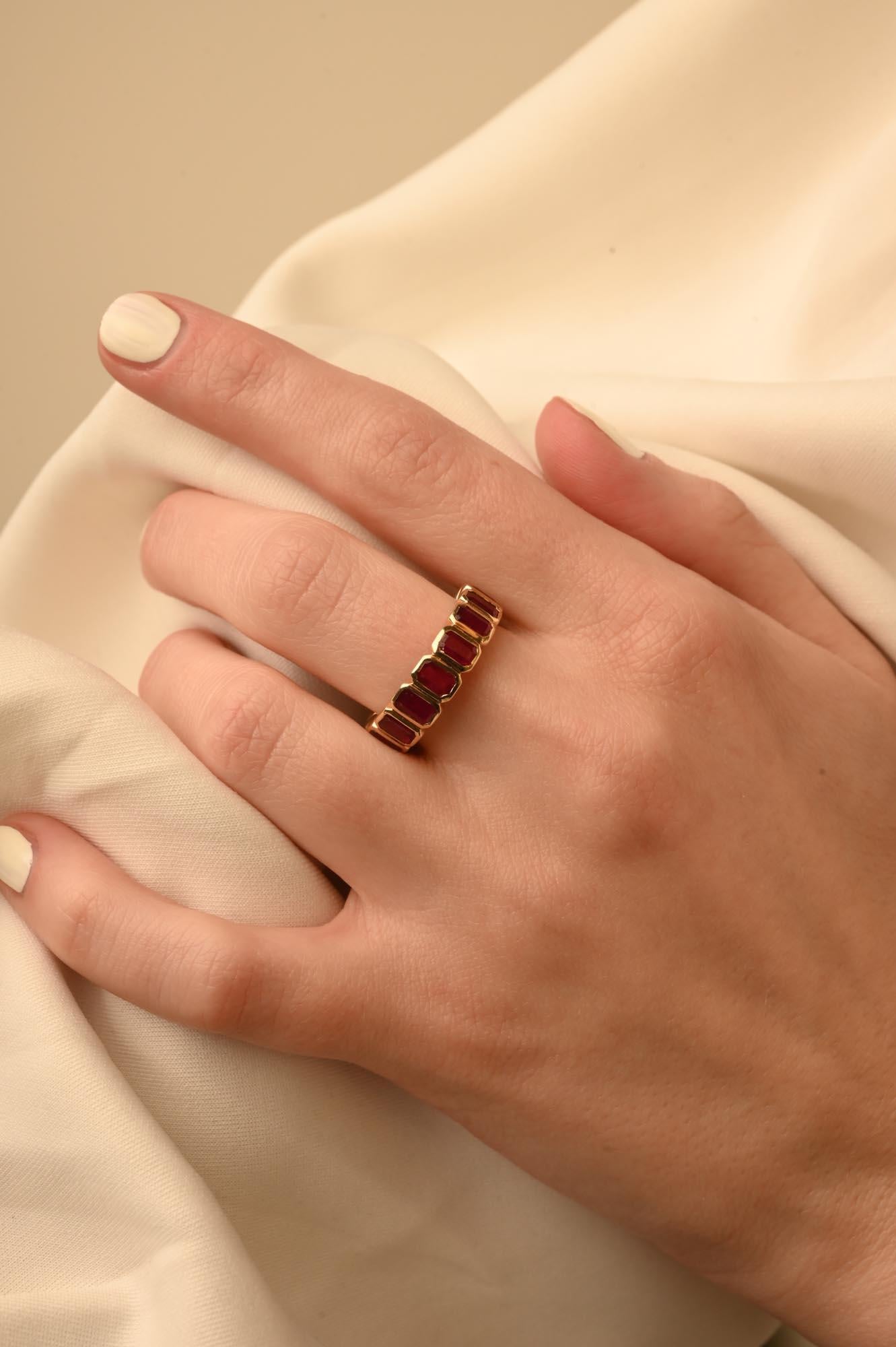 For Sale:  14 Karat Yellow Gold Ruby Half Eternity Band Stacking Ruby Ring 15