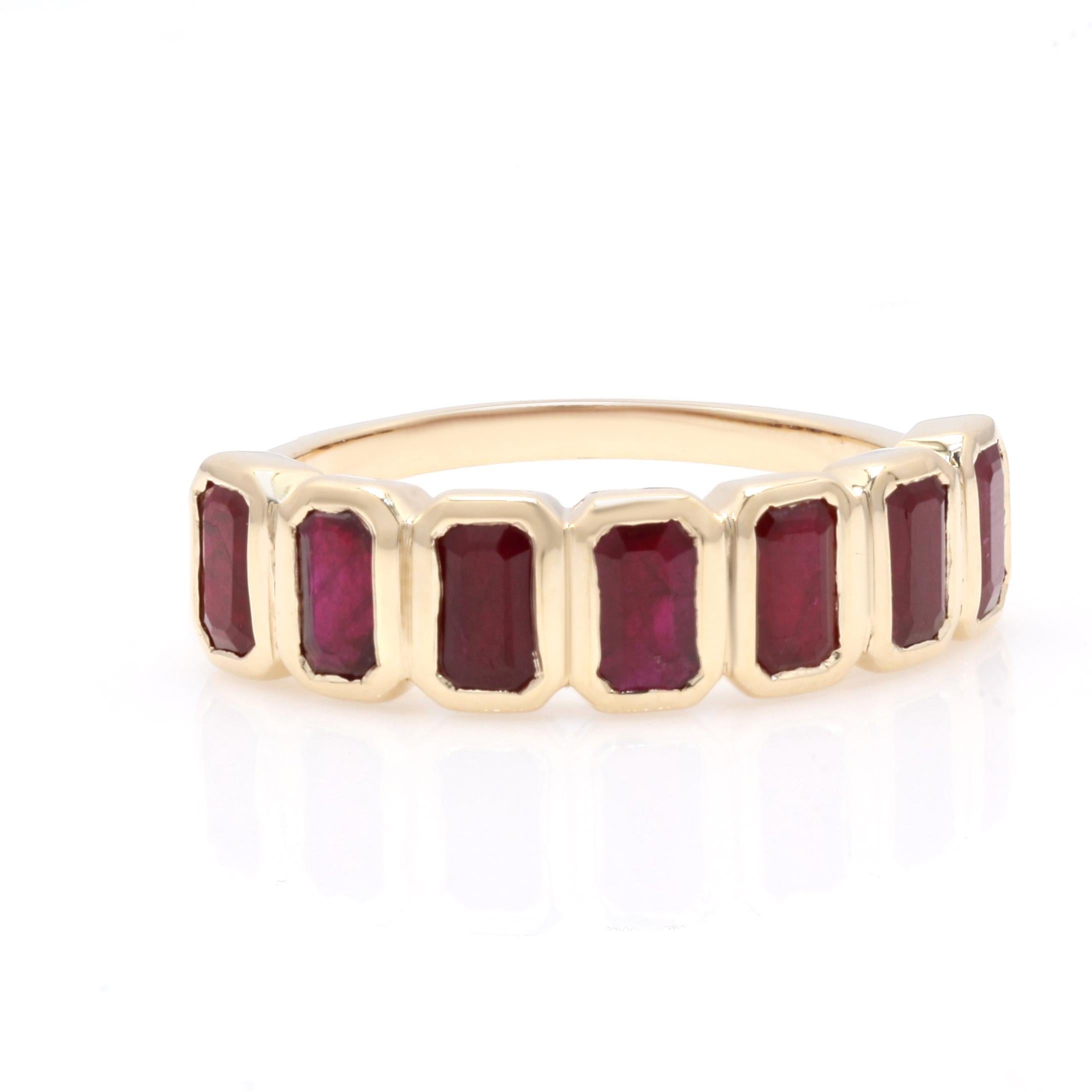 For Sale:  14 Karat Yellow Gold Ruby Half Eternity Band Stacking Ruby Ring 5