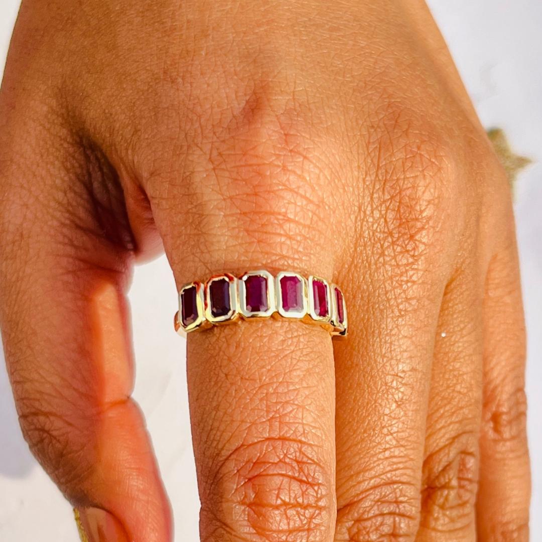 For Sale:  14 Karat Yellow Gold Ruby Half Eternity Band Stacking Ruby Ring 6