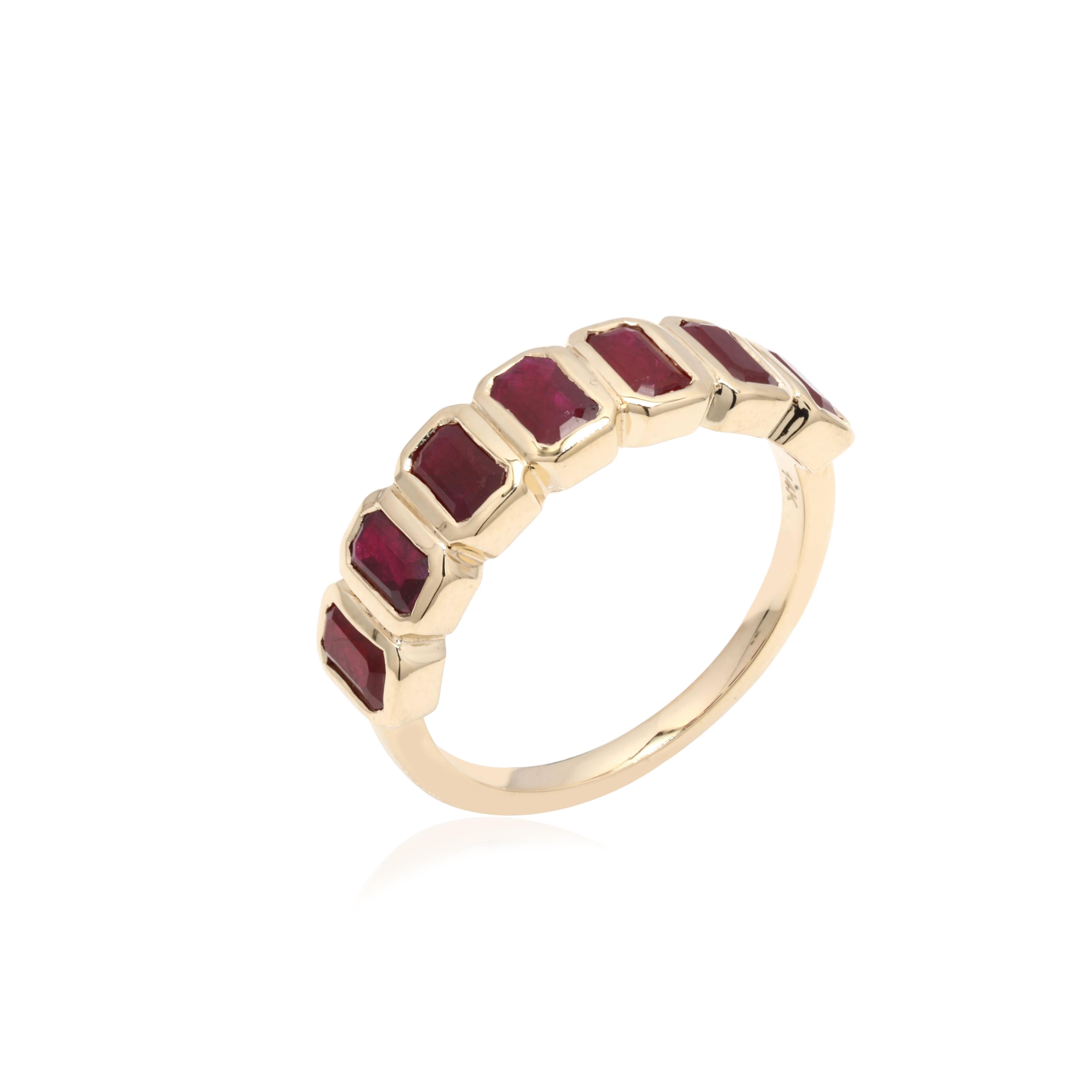 For Sale:  14 Karat Yellow Gold Ruby Half Eternity Band Stacking Ruby Ring 7