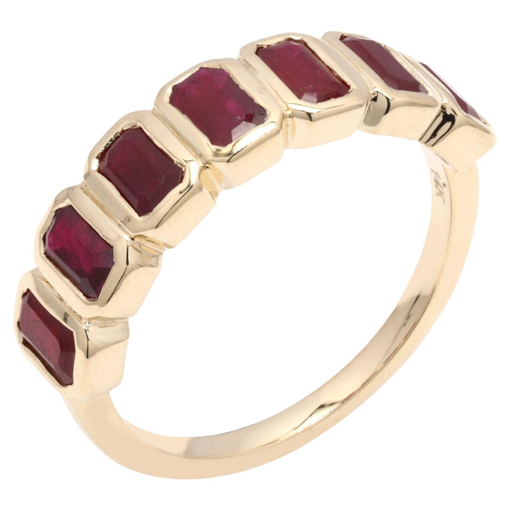 For Sale:  14 Karat Yellow Gold Ruby Half Eternity Band Stacking Ruby Ring