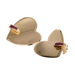 14 Karat Yellow Gold 
Ruby Heart Shaped Ear Clips