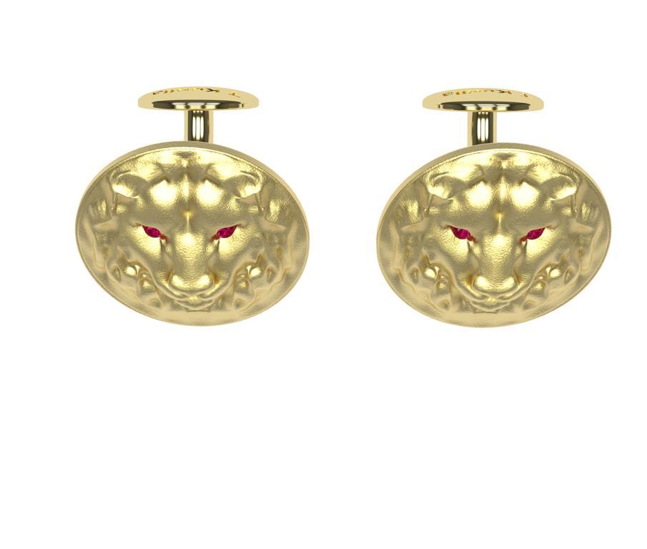 Contemporary 14k Yellow Gold Ruby Lion Cufflinks For Sale