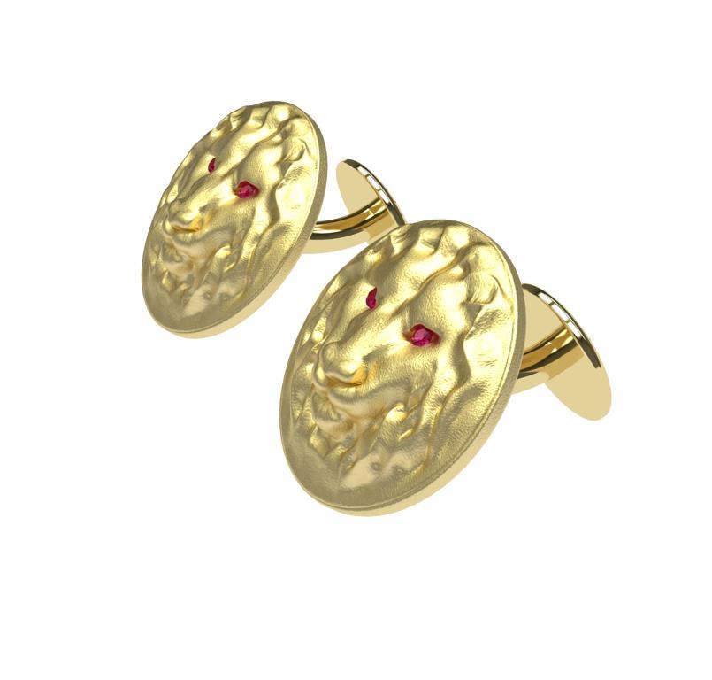 Round Cut 14k Yellow Gold Ruby Lion Cufflinks For Sale