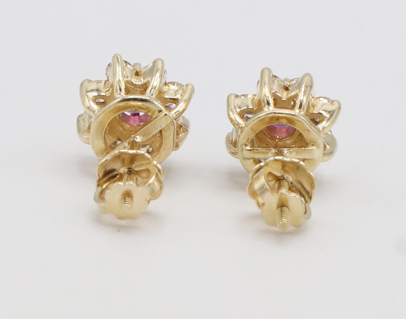 Modern 14 Karat Yellow Gold Ruby & Natural Diamond Halo Stud Earrings  For Sale