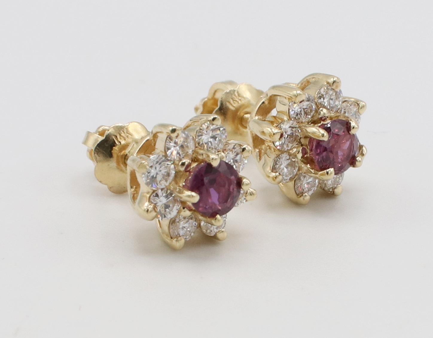Round Cut 14 Karat Yellow Gold Ruby & Natural Diamond Halo Stud Earrings  For Sale