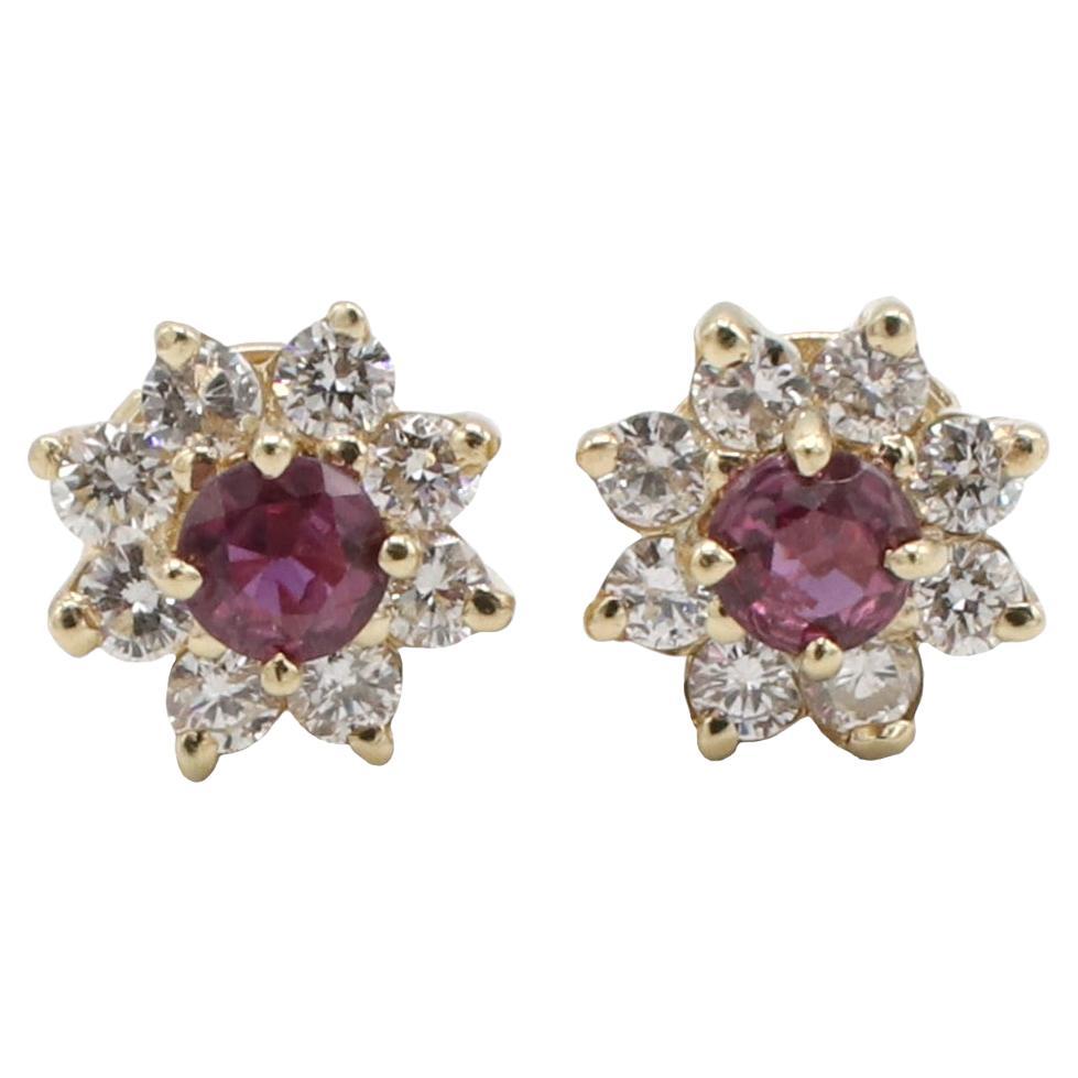 Clous d'oreilles en or jaune 14 carats, rubis et diamants naturels en forme de halo 