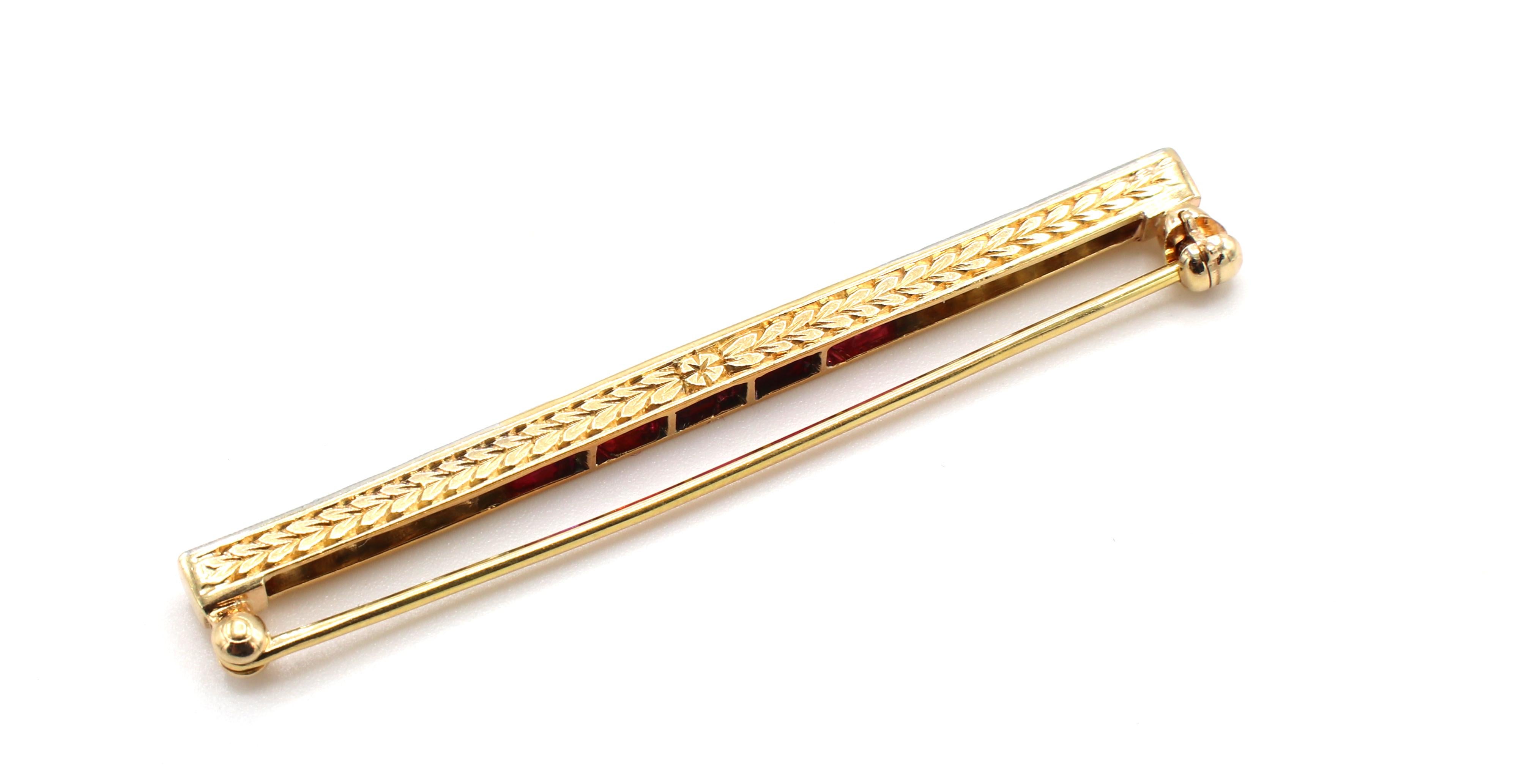 Art Deco 14 Karat Yellow Gold Ruby & Old European Cut Diamond Bar Line Pin Brooch