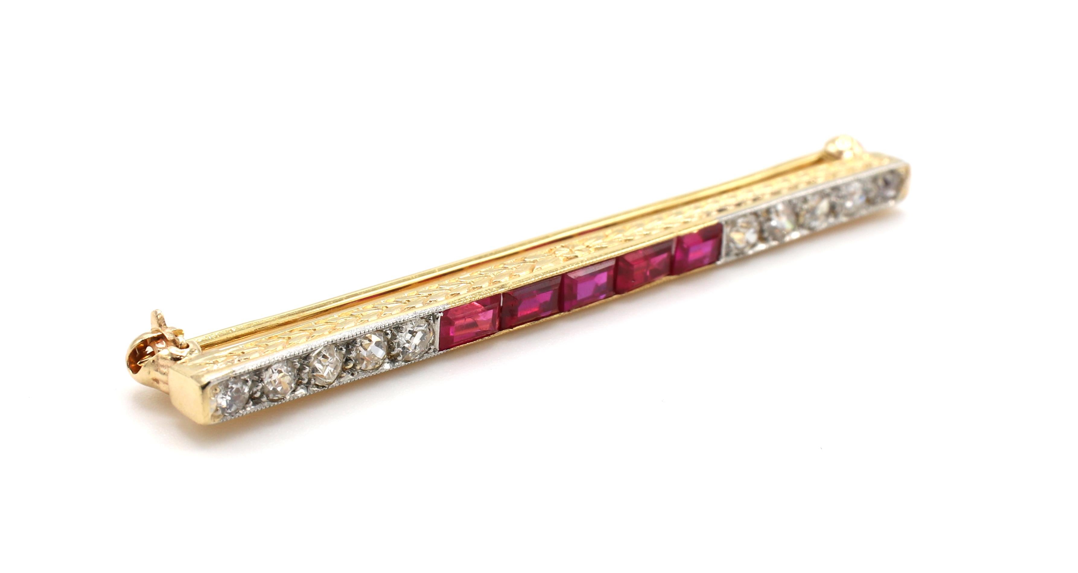 Baguette Cut 14 Karat Yellow Gold Ruby & Old European Cut Diamond Bar Line Pin Brooch