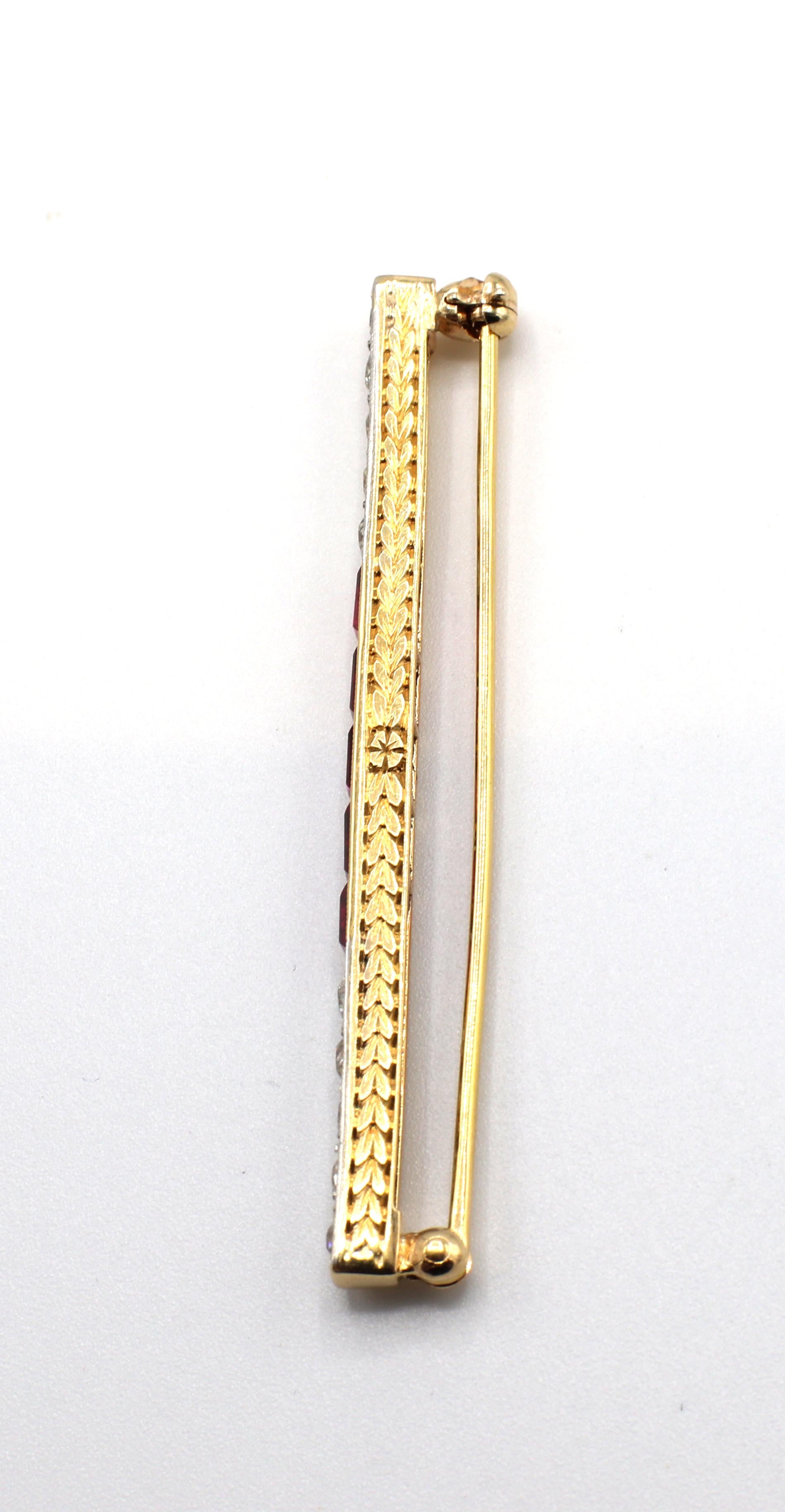 14 Karat Yellow Gold Ruby & Old European Cut Diamond Bar Line Pin Brooch In Excellent Condition In  Baltimore, MD