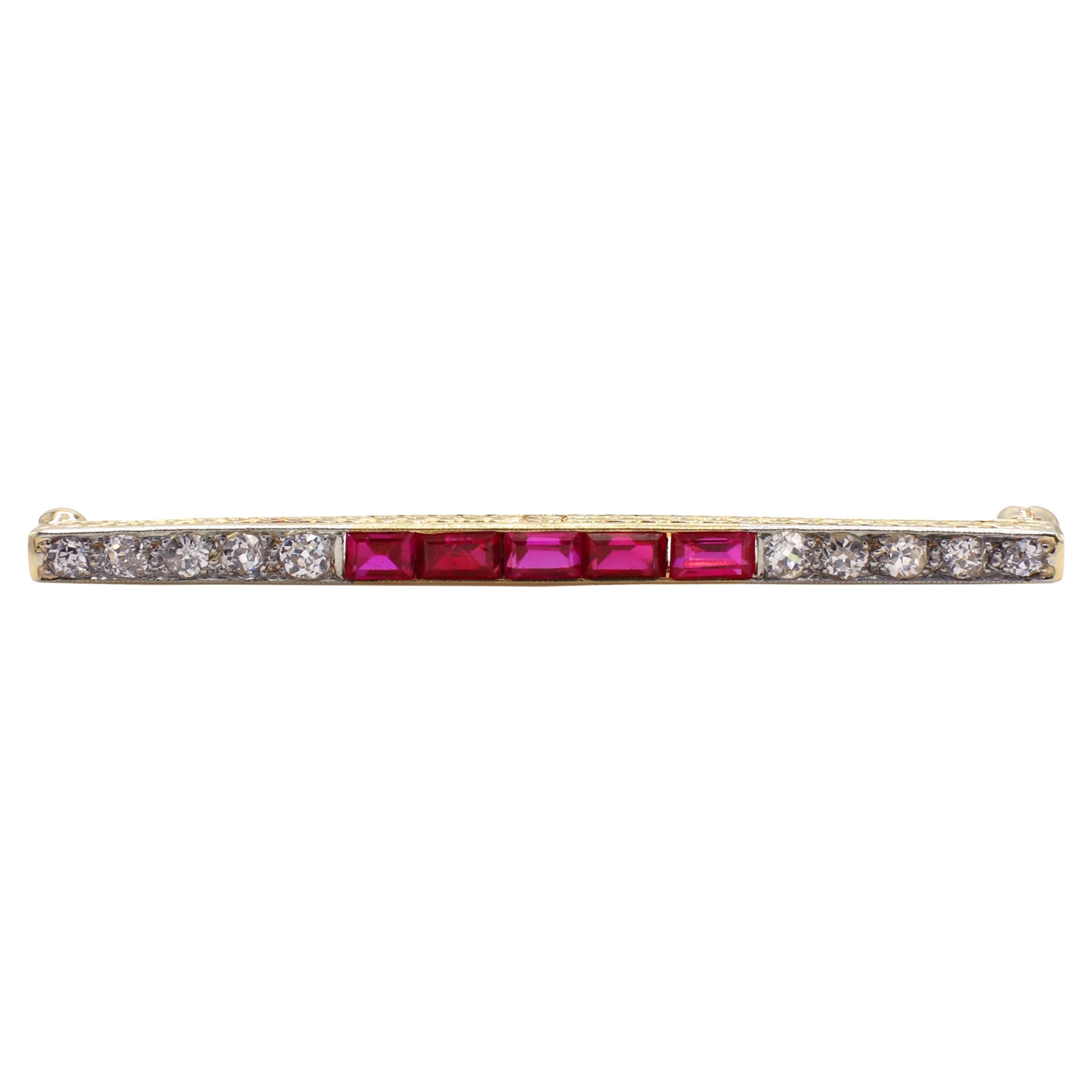 14 Karat Yellow Gold Ruby & Old European Cut Diamond Bar Line Pin Brooch