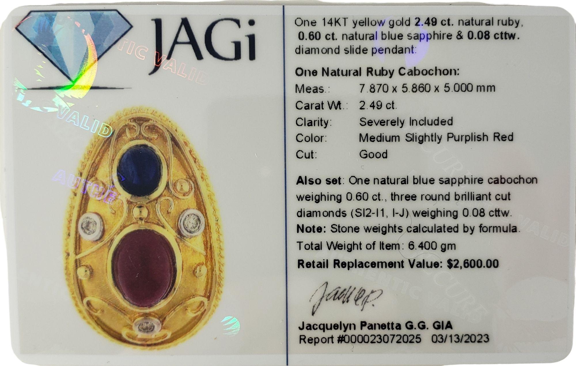 Women's 14 Karat Yellow Gold Ruby, Sapphire and Diamond Slide Pendant #14045 For Sale