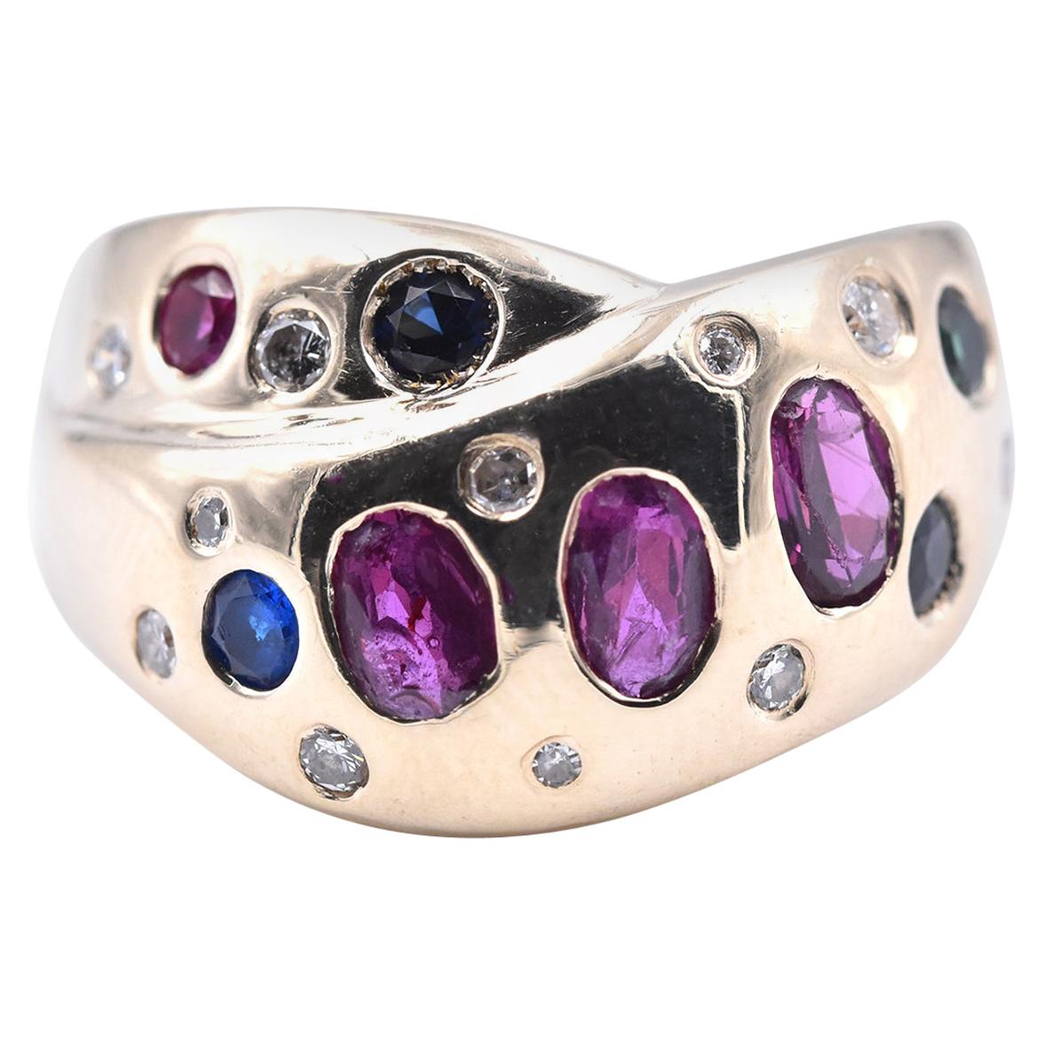 14 Karat Yellow Gold Ruby, Sapphire, Emerald, and Diamond Crossover Ring