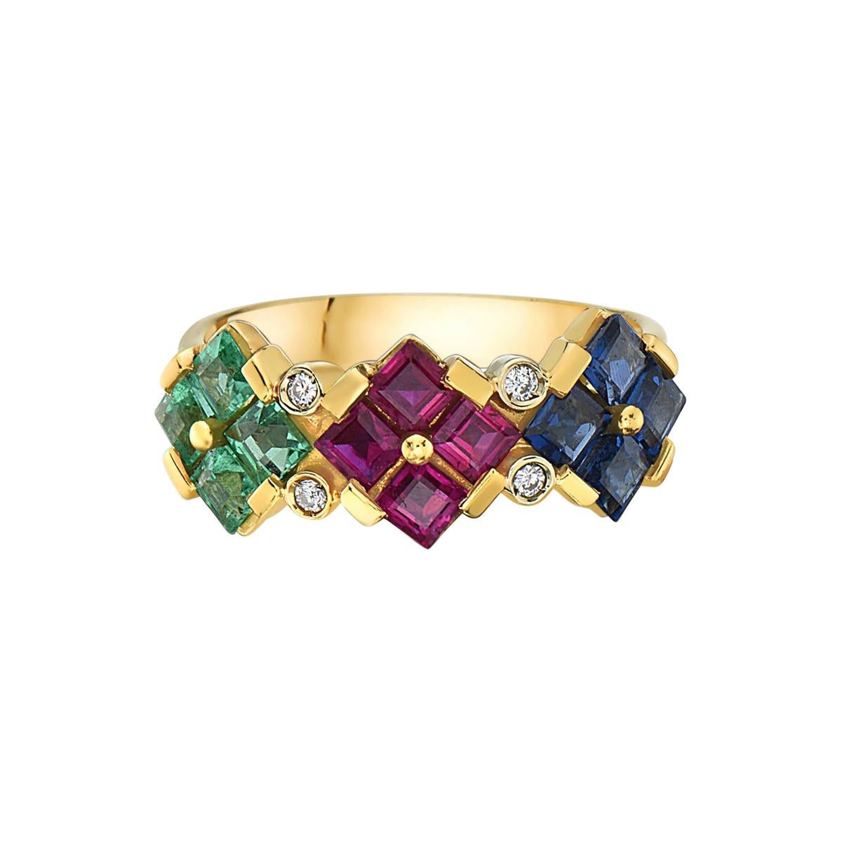 14 Karat Yellow Gold Ruby Sapphire Emerald and Diamond Ring