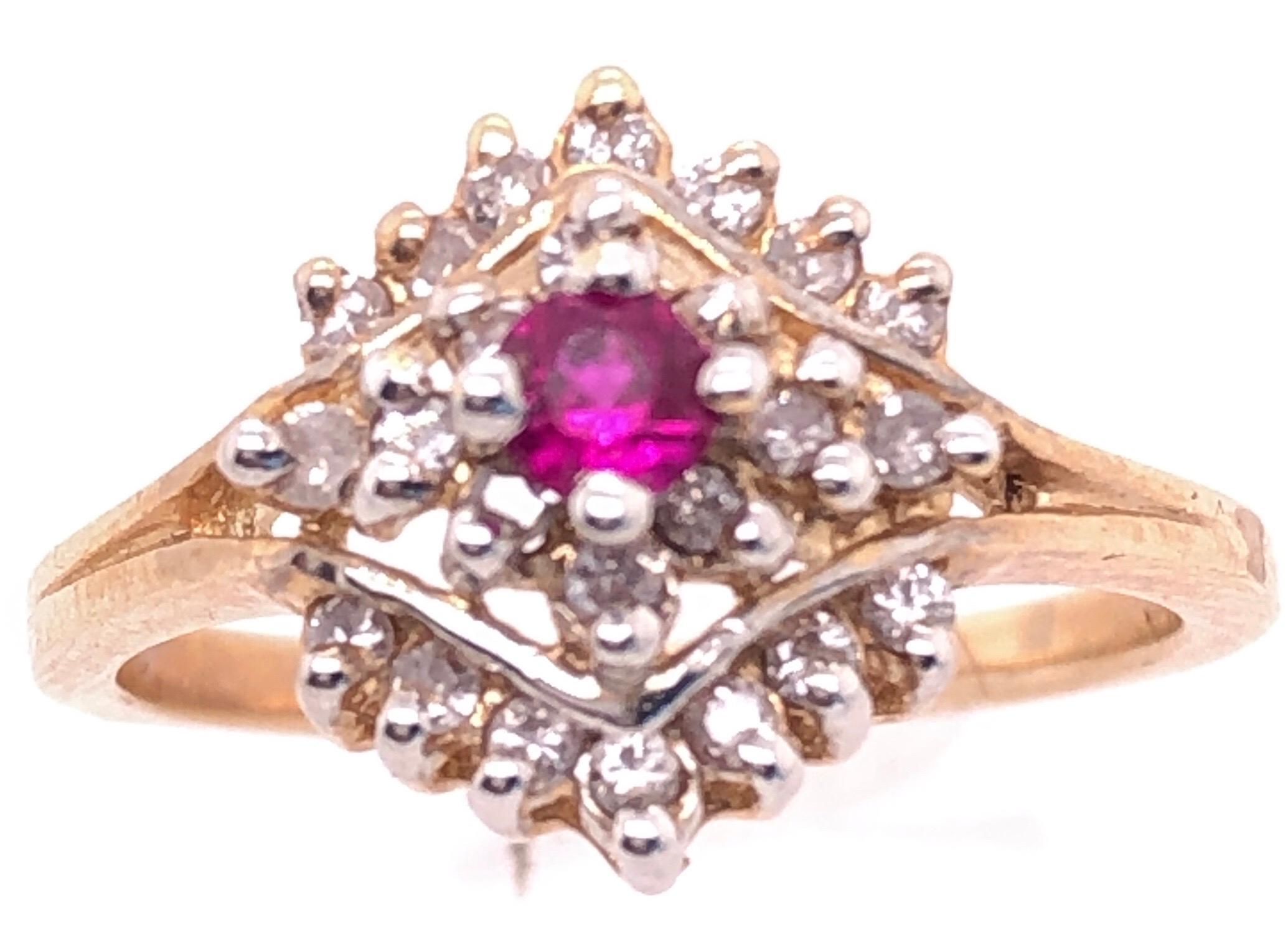 Modern 14 Karat Yellow Gold Ruby Solitaire with Diamond Cluster Ring