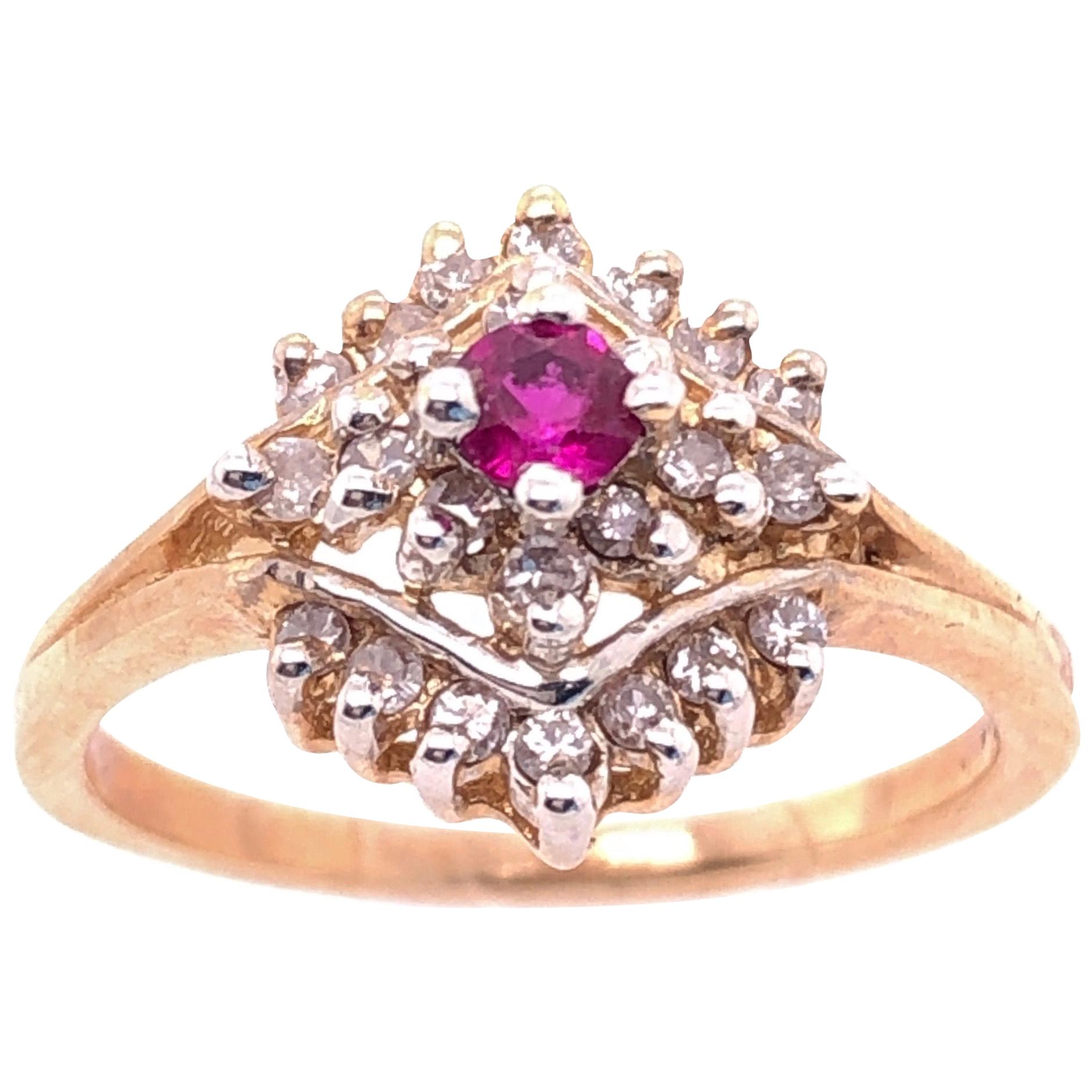 14 Karat Yellow Gold Ruby Solitaire with Diamond Cluster Ring