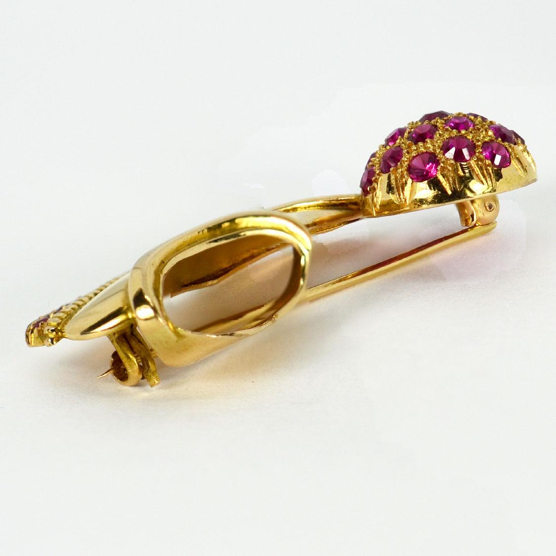 Women's or Men's 14 Karat Yellow Gold Ruby Tsarouchi Shoe Brooch For Sale