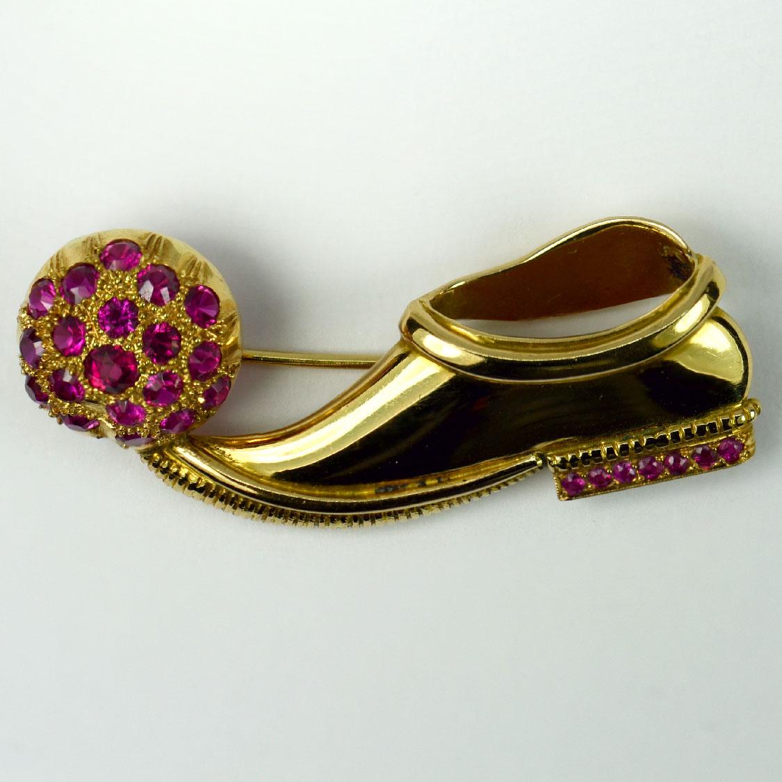 14 Karat Yellow Gold Ruby Tsarouchi Shoe Brooch For Sale 2