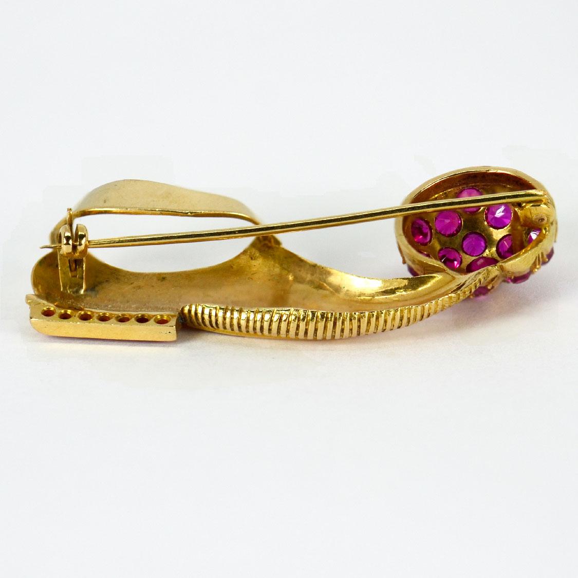 14 Karat Yellow Gold Ruby Tsarouchi Shoe Brooch For Sale 3