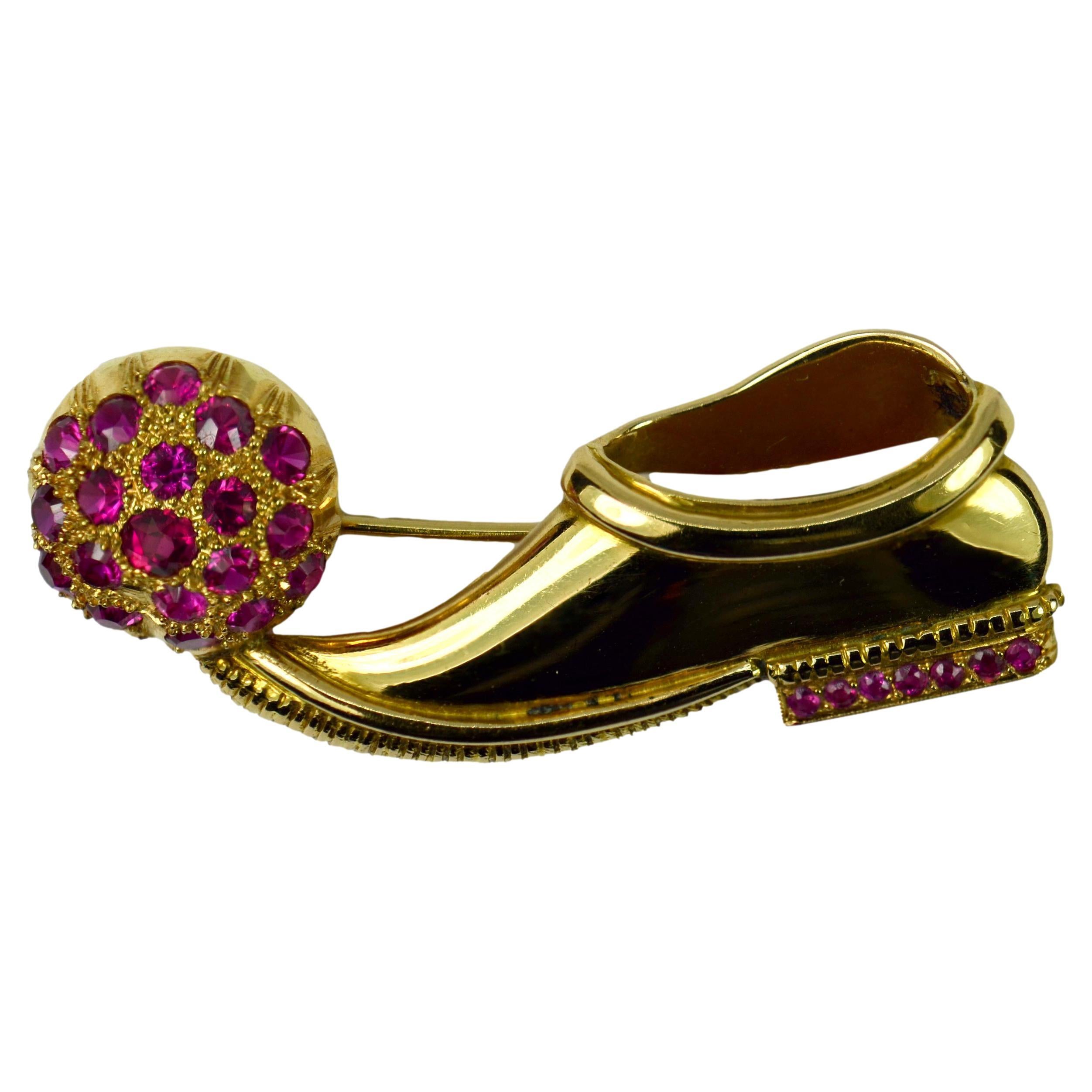 14 Karat Yellow Gold Ruby Tsarouchi Shoe Brooch For Sale