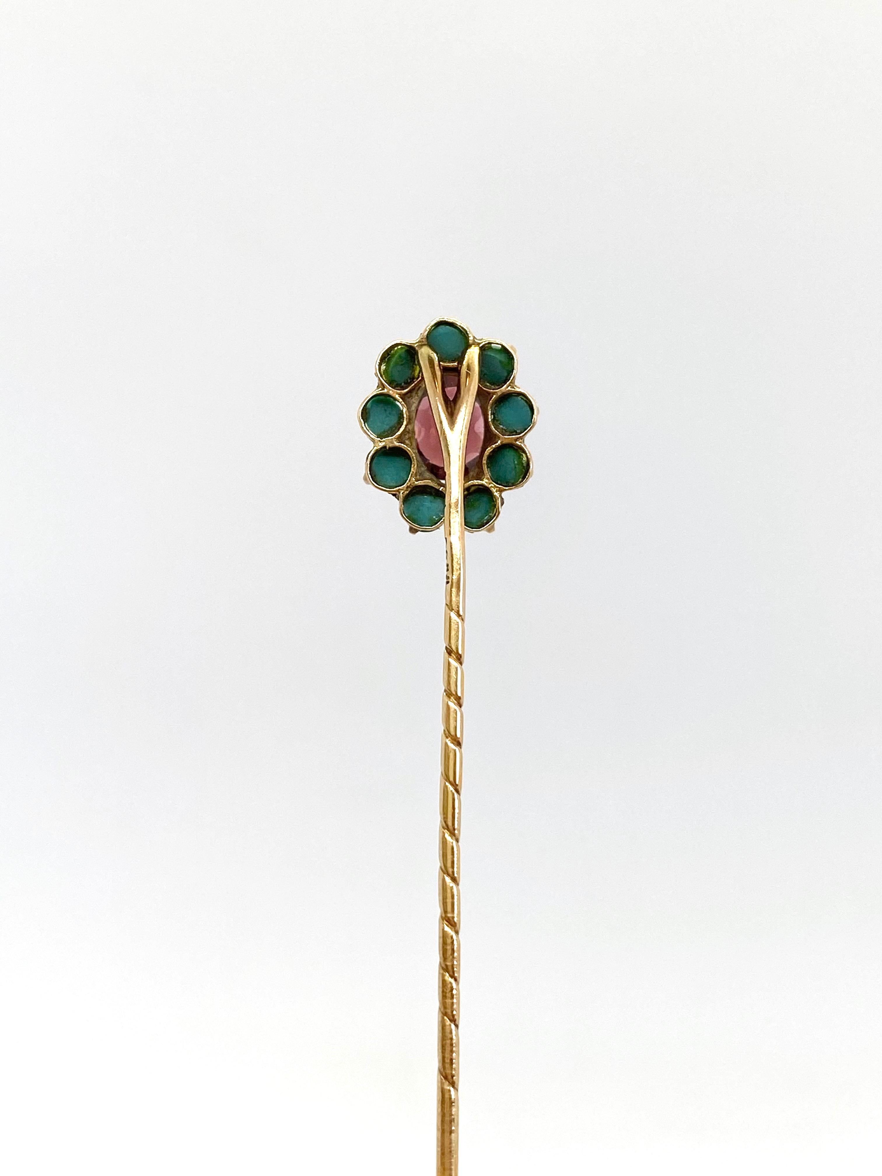 14 Karat Yellow Gold Russia Turquoise Stones Garnet Stickpin For Sale 3