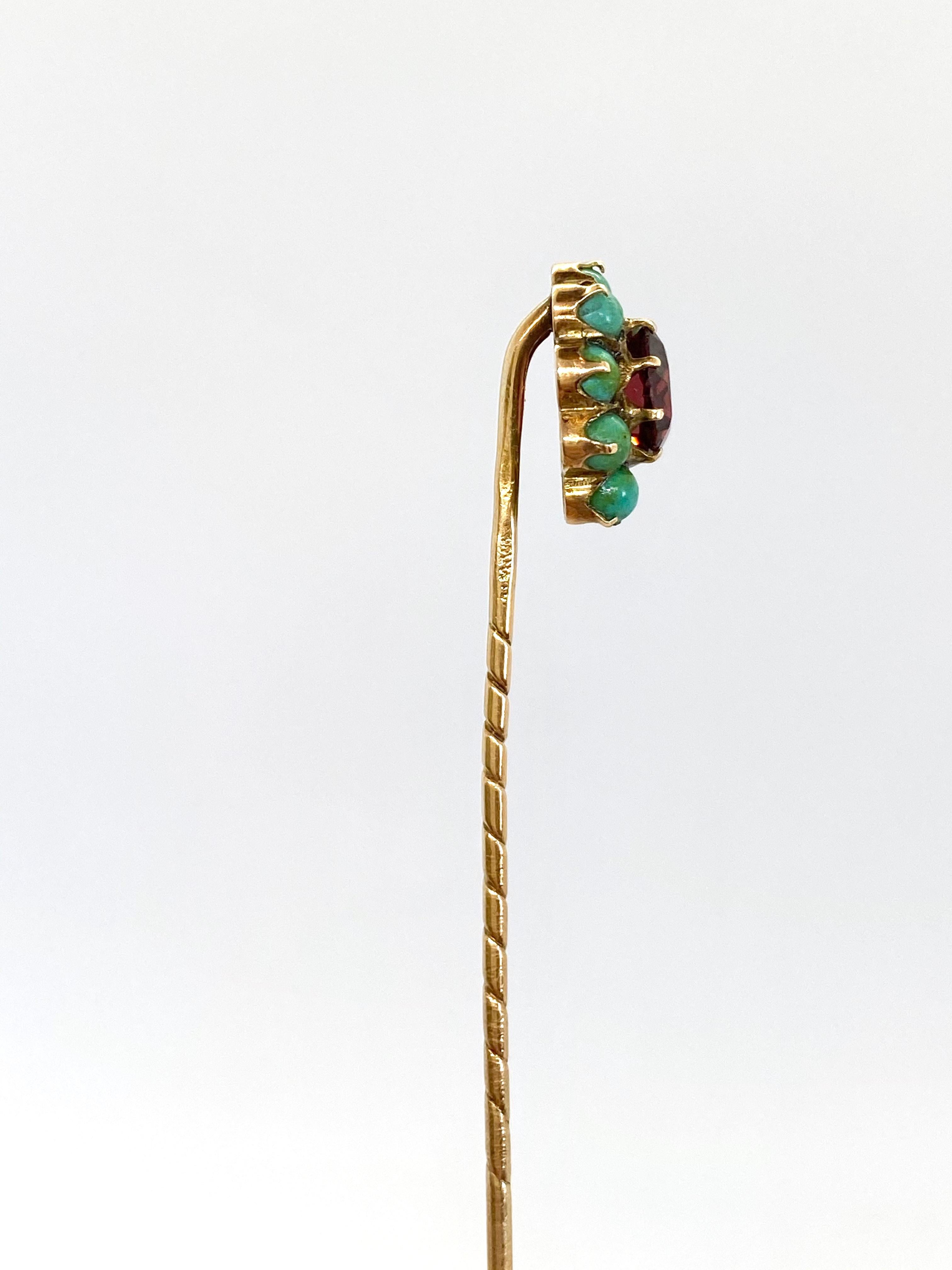 14 Karat Yellow Gold Russia Turquoise Stones Garnet Stickpin For Sale 4