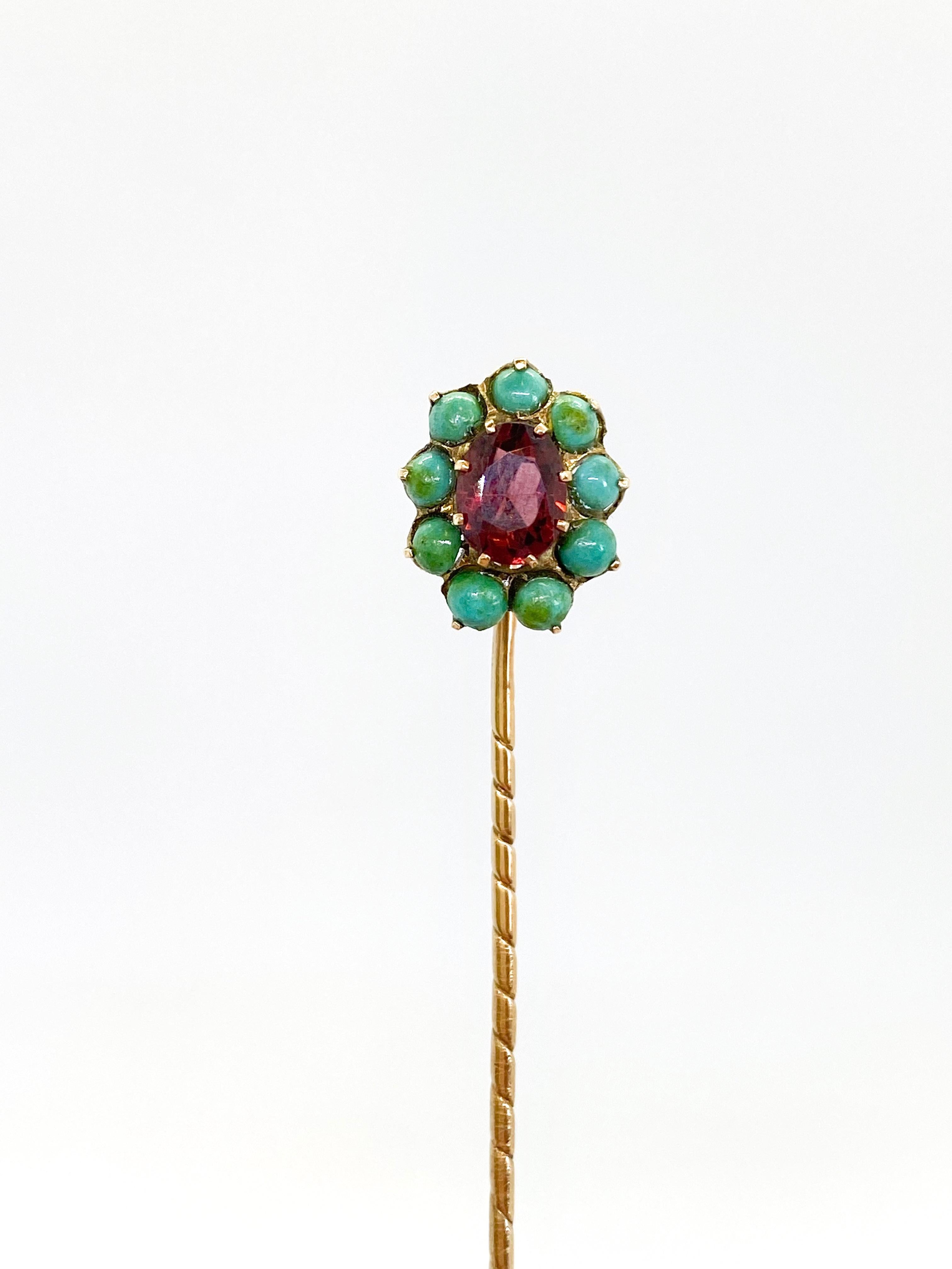 Women's or Men's 14 Karat Yellow Gold Russia Turquoise Stones Garnet Stickpin For Sale