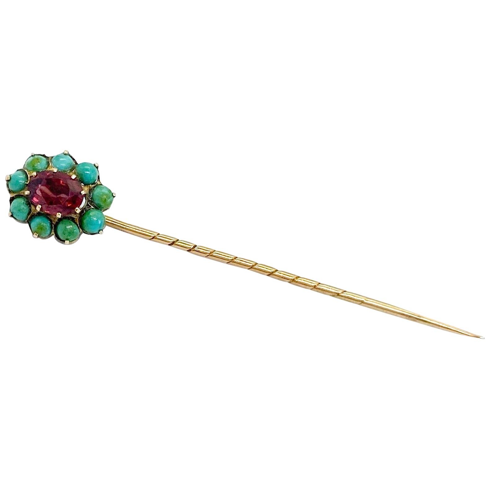 14 Karat Yellow Gold Russia Turquoise Stones Garnet Stickpin For Sale at  1stDibs