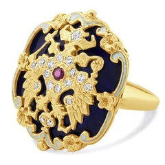 14 Karat Yellow Gold Russian Imperial Eagle Diamond and Enamel Ring